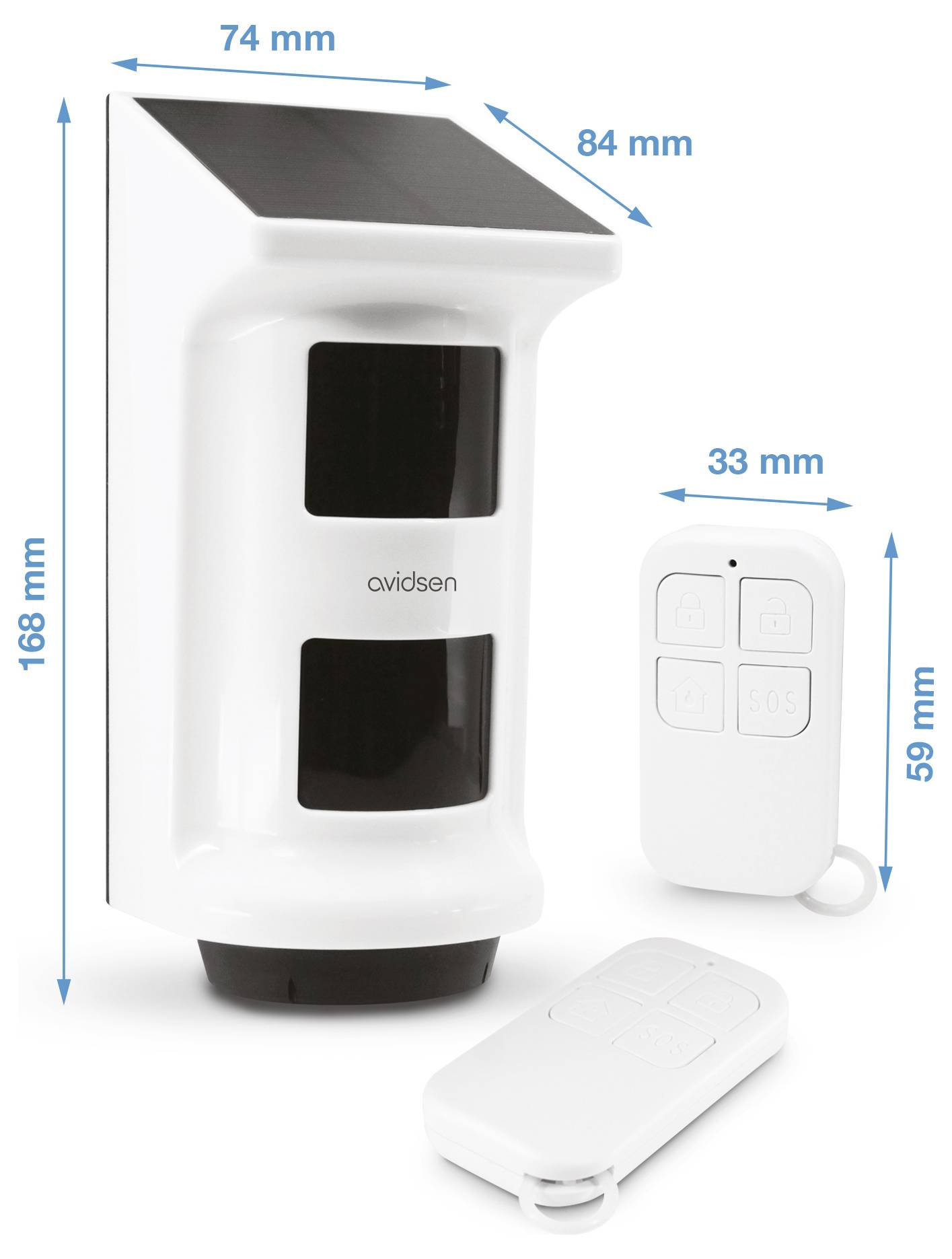 Außensirene mit Solarpanel oben, 168 mm hoch, 74 mm breit. Begleitet von einer 59 mm hohen Fernbedienung mit vier Tasten.