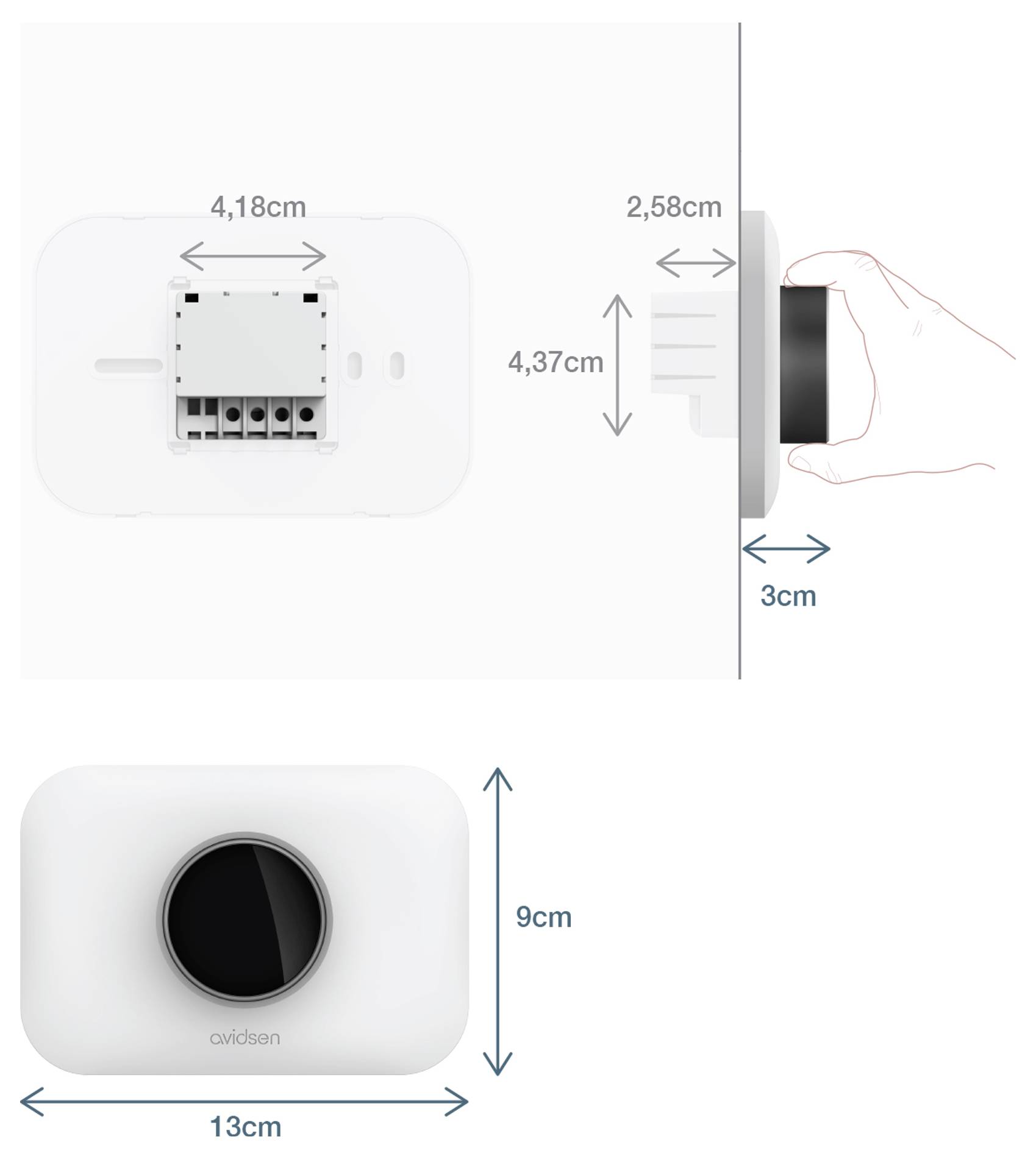An der Wand montiertes rechteckiges Gerät mit großem zentralem Zifferblatt, beschriftet mit „avidsen