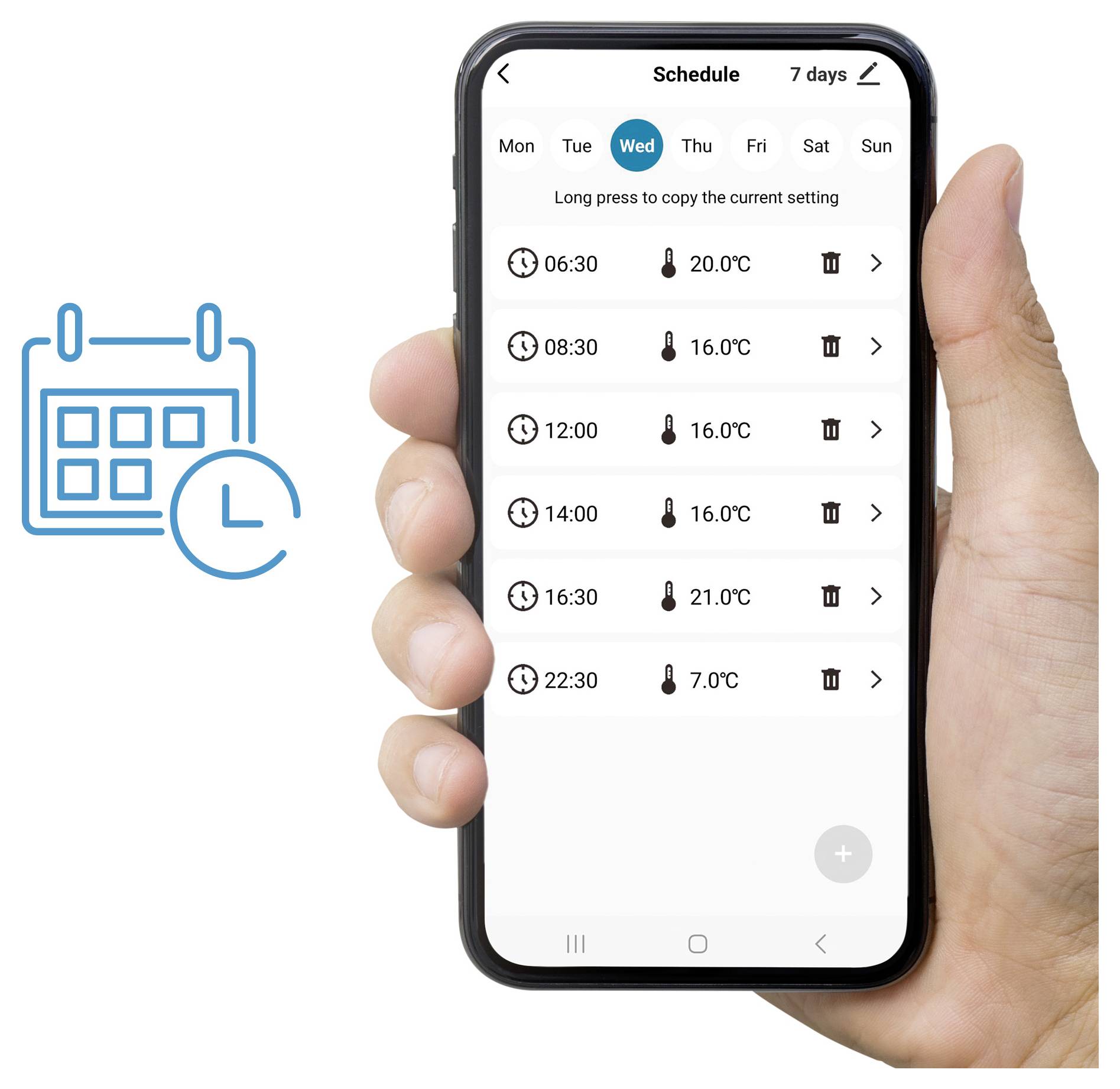 Ein weißer Türalarm mit einem Magnetensensor am Türrahmen zeigt einen Schallpegel von 120 dB mit angezeigten blauen Schallwellen an.