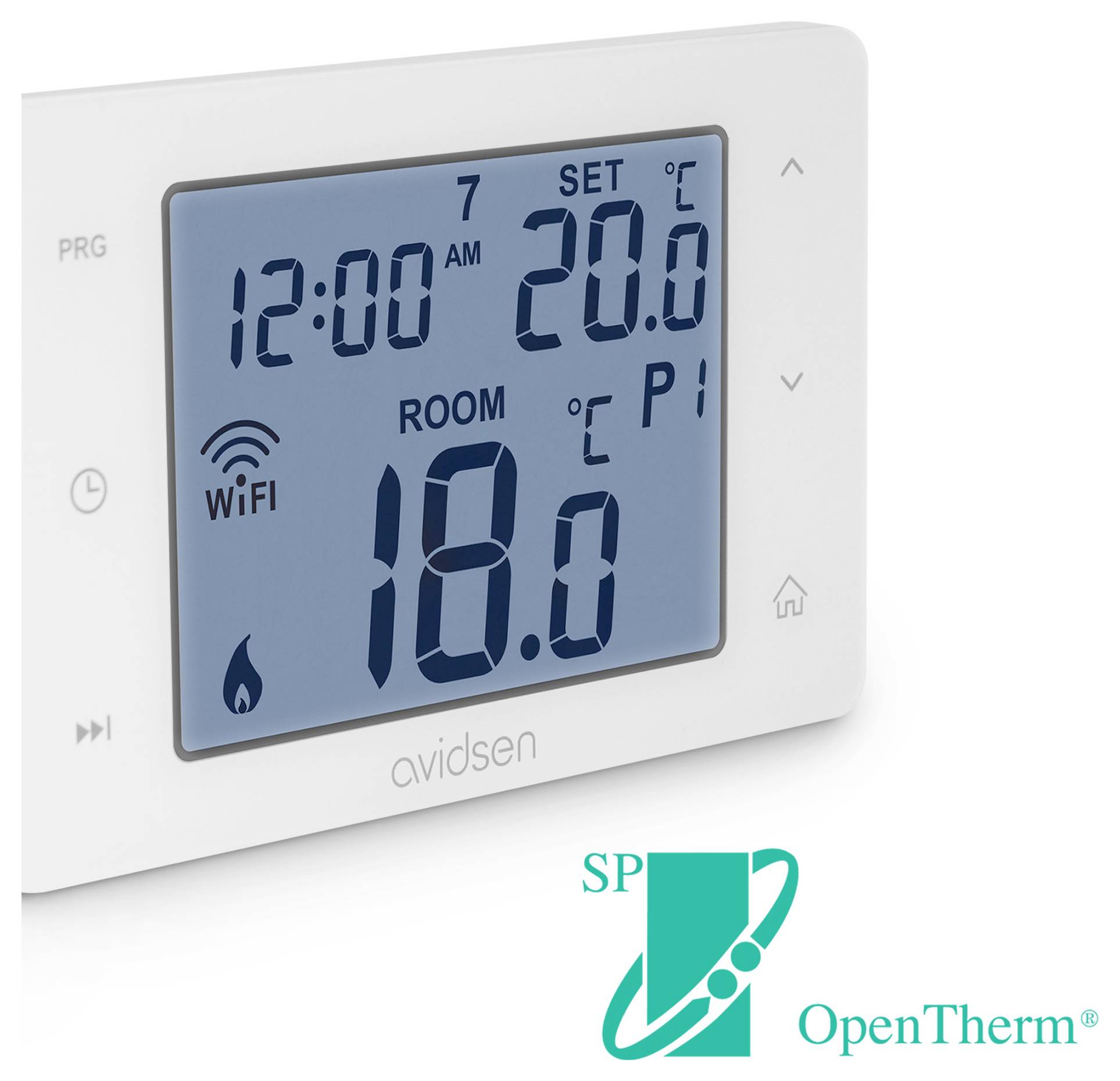 Digitales Thermostat zeigt '12:00 AM', 'Zimmer 18,0°C', WiFi-Symbol an. Marke 'avidsen', OpenTherm-Logo unten rechts.