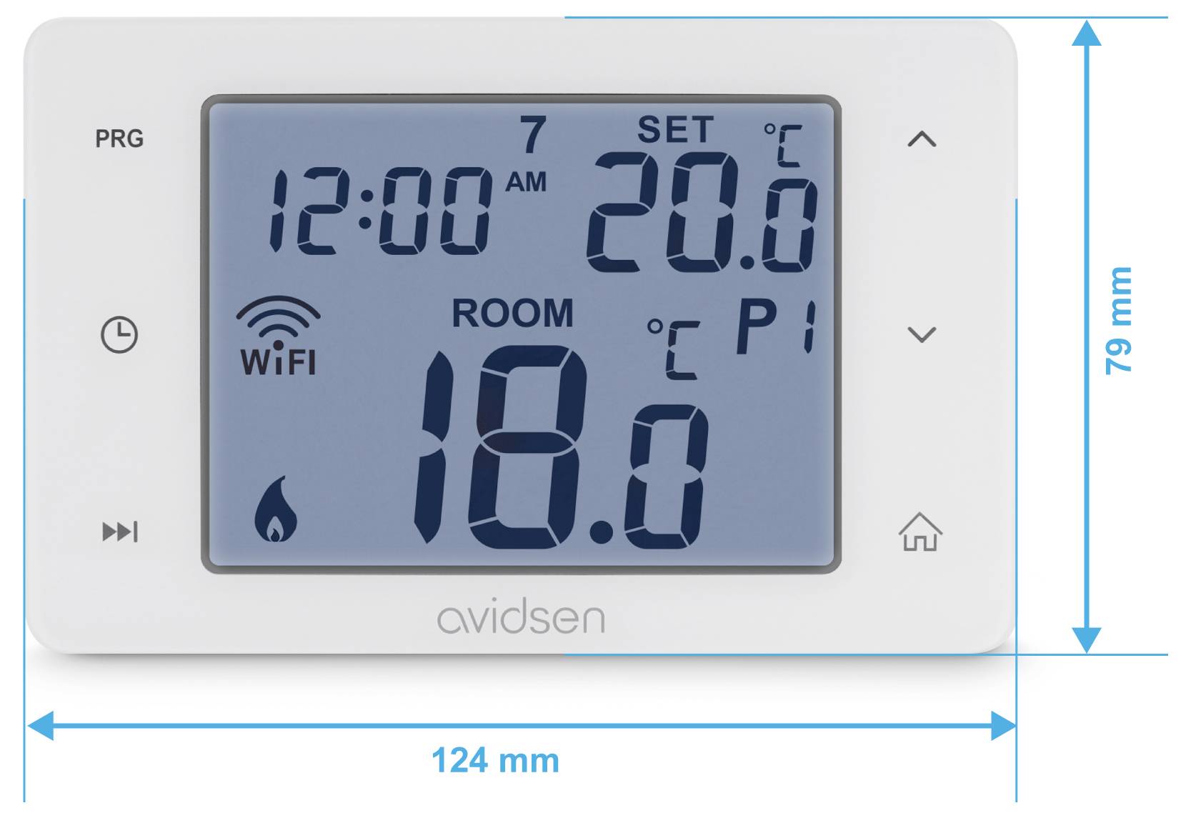 Ein digitales Thermostat mit der Uhrzeit 12:00 Uhr, der aktuellen Temperatur 18,0°C und der eingestellten Temperatur 20,0°C mit WiFi- und Batteriesymbolen.