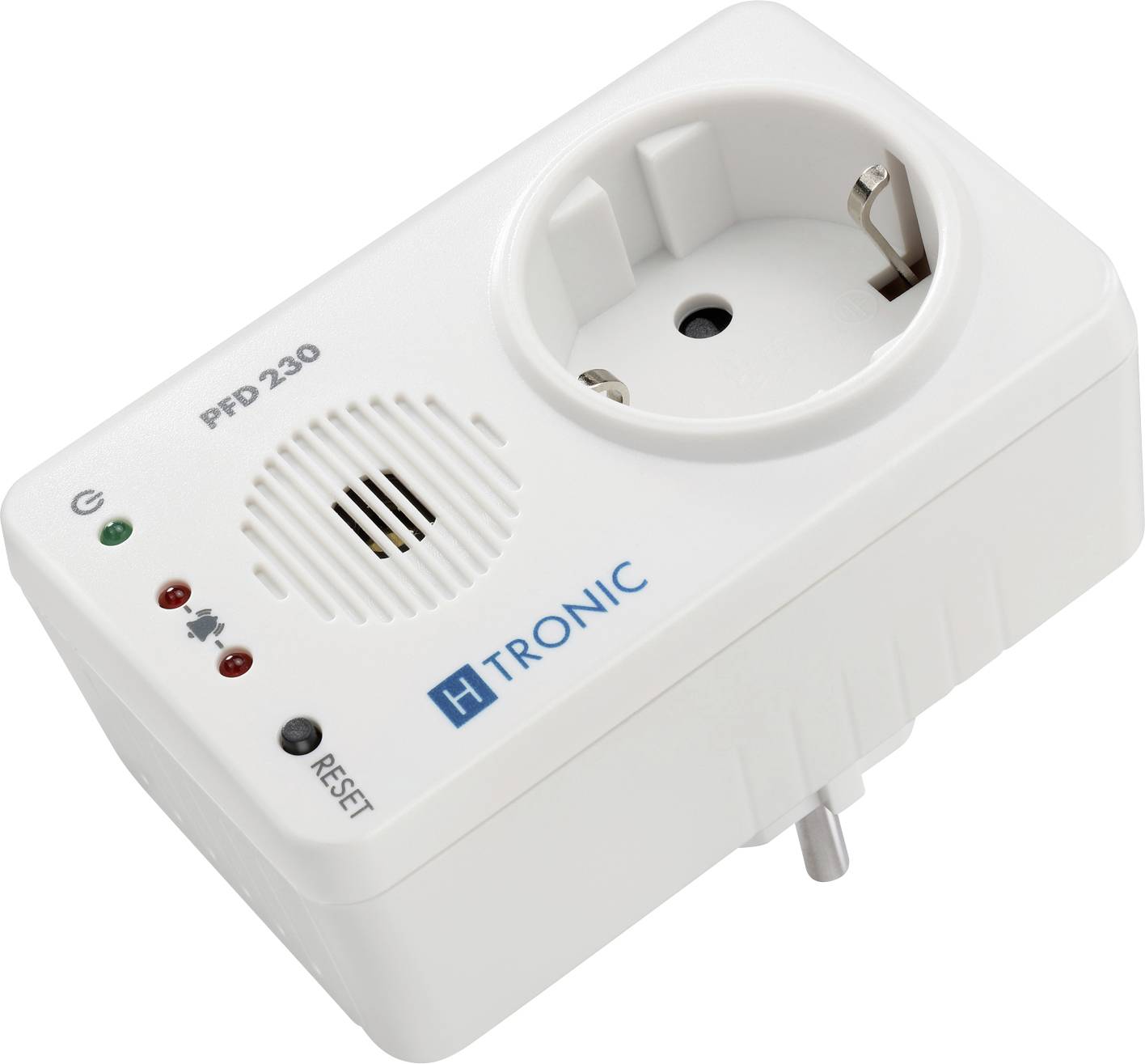 Ein Stecker-Stromausfallmelder mit einer Steckdose, gekennzeichnet mit „PFD 230