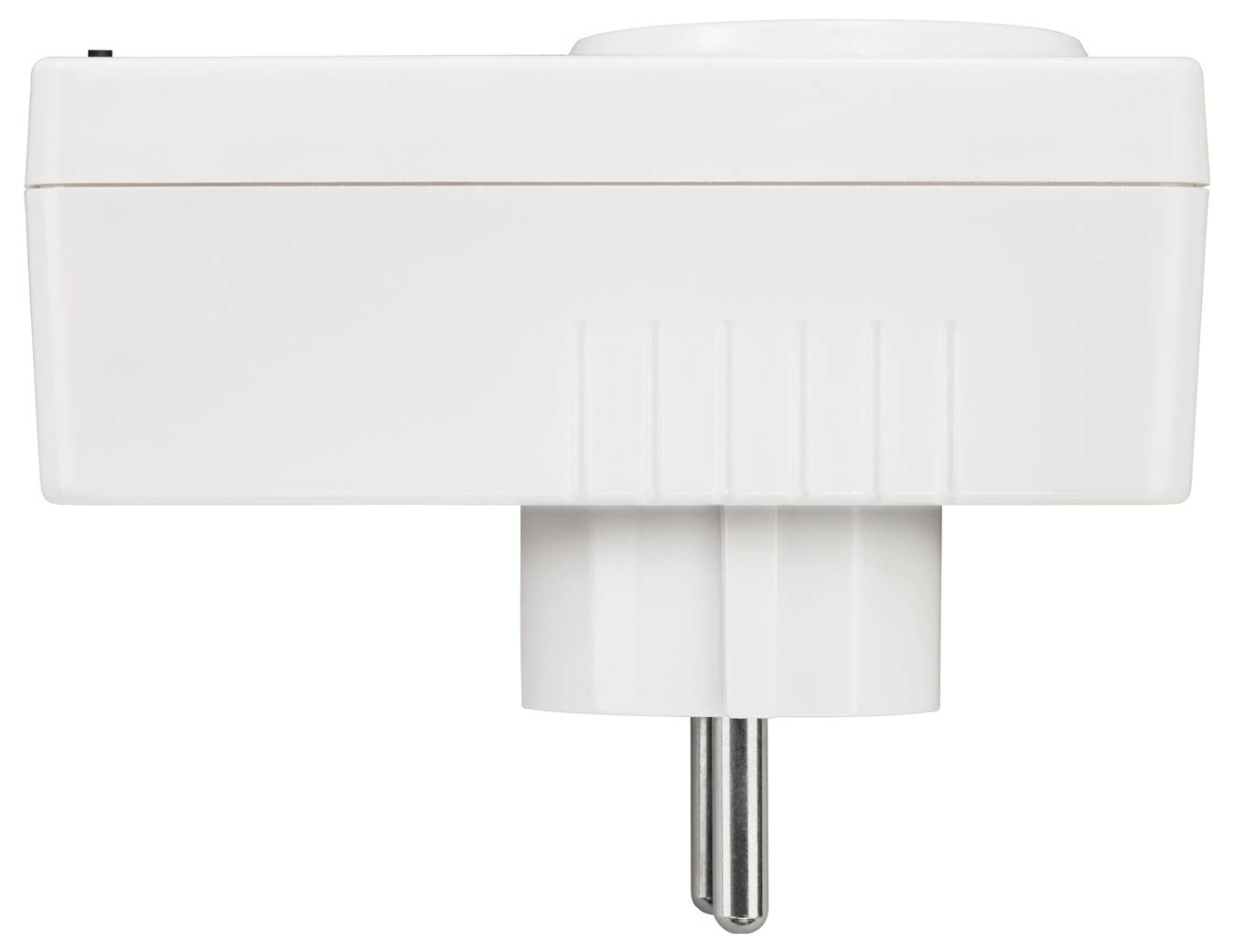 Ein weißer, rechteckiger dreipoliger Elektrostecker-Adapter, von der Seite betrachtet, mit Rillen am Gehäuse zur besseren Griffigkeit.