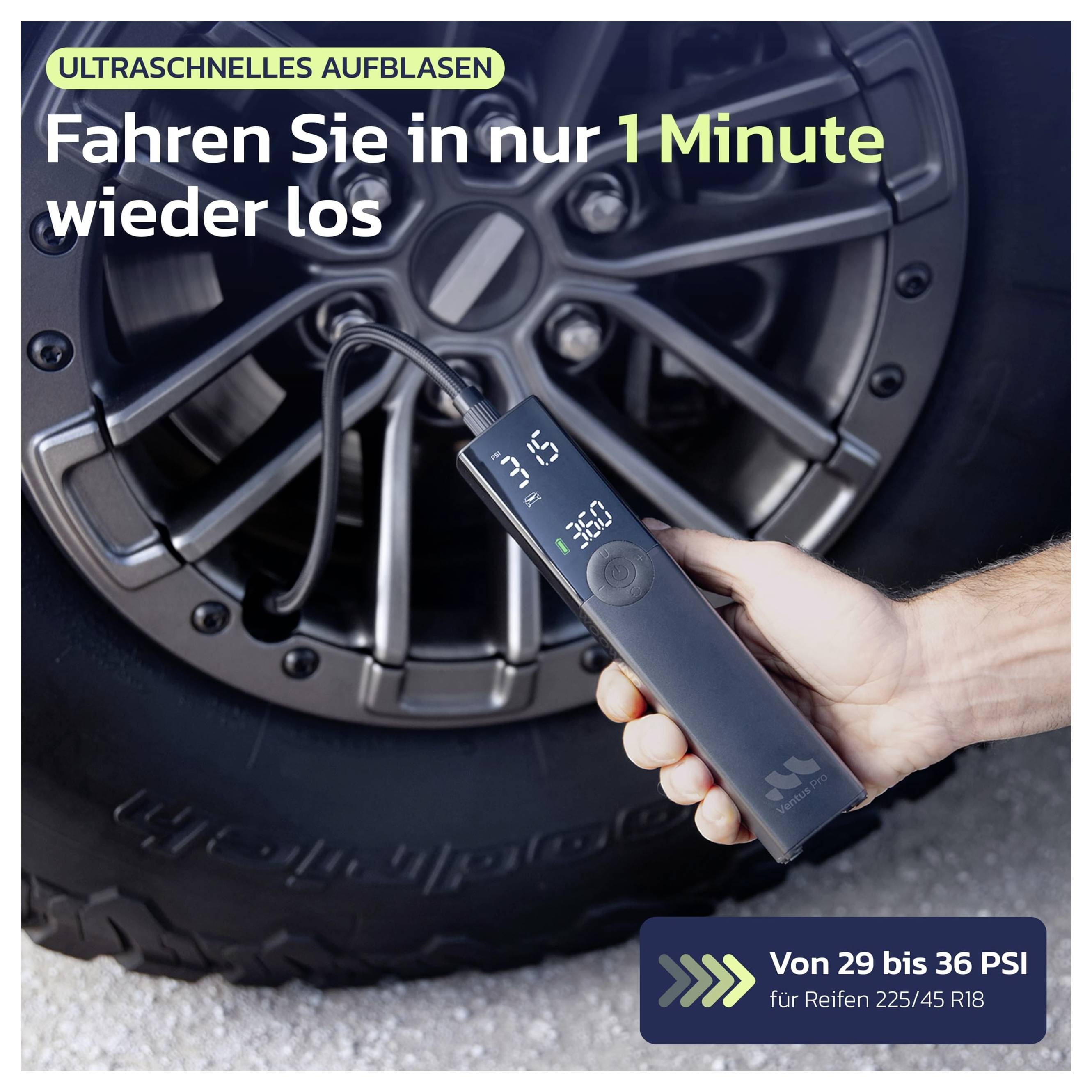 Tragbarer digitaler Reifenaufpumper wird an einem Autoreifen verwendet; Deutscher Text bewirbt ultraschnelle Aufpumpung, „Fahren Sie in nur 1 Minute wieder los