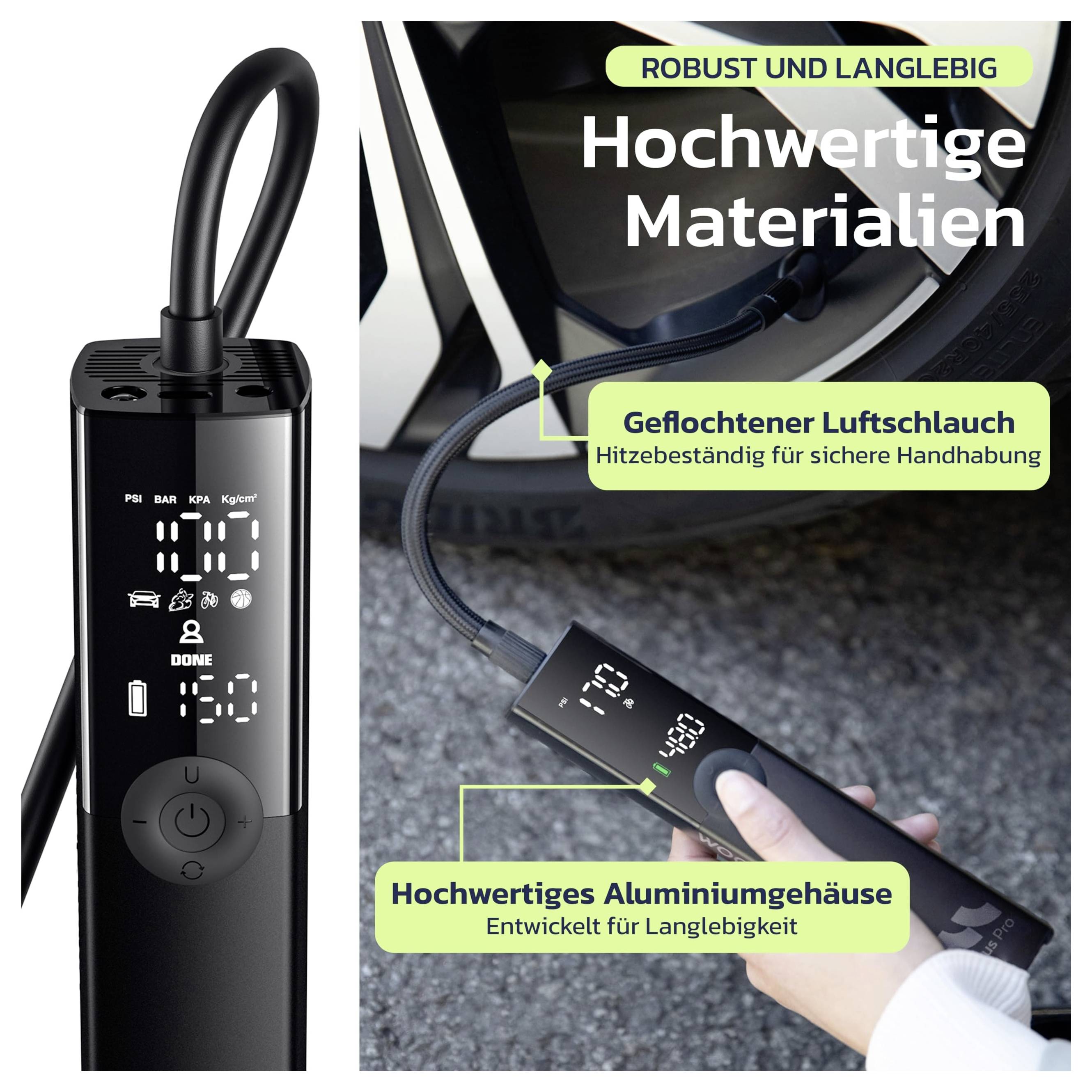 Tragbare elektrische Luftpumpe mit digitaler Anzeige und Schlauch, der einen Reifen aufbläst, wobei robuste Materialien hervorgehoben werden: geflochtener Luftschlauch und Aluminiumgehäuse.