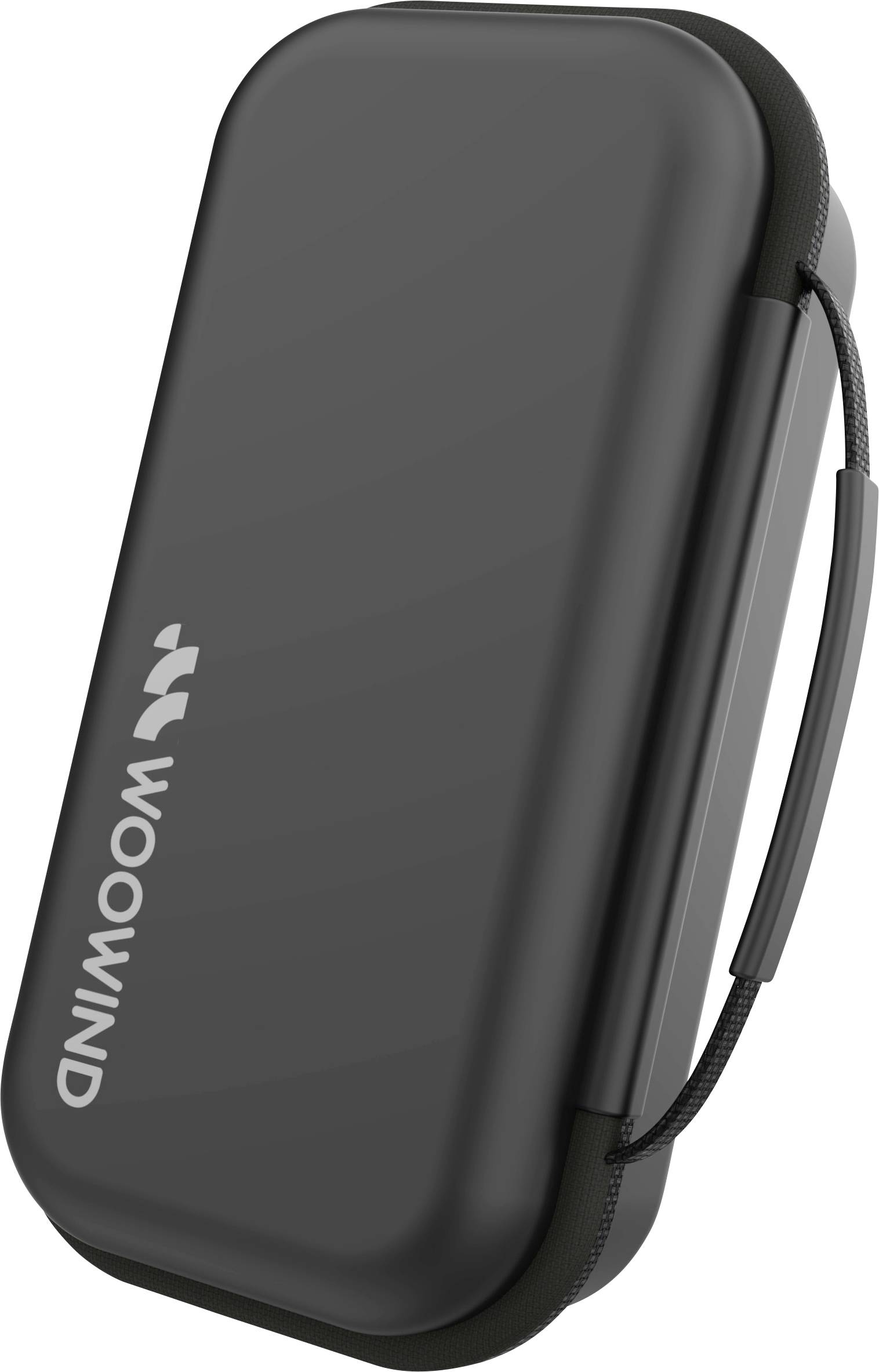 Ein schwarzer, rechteckiger Hartschalenkoffer mit dem Markennamen „WOOWIND