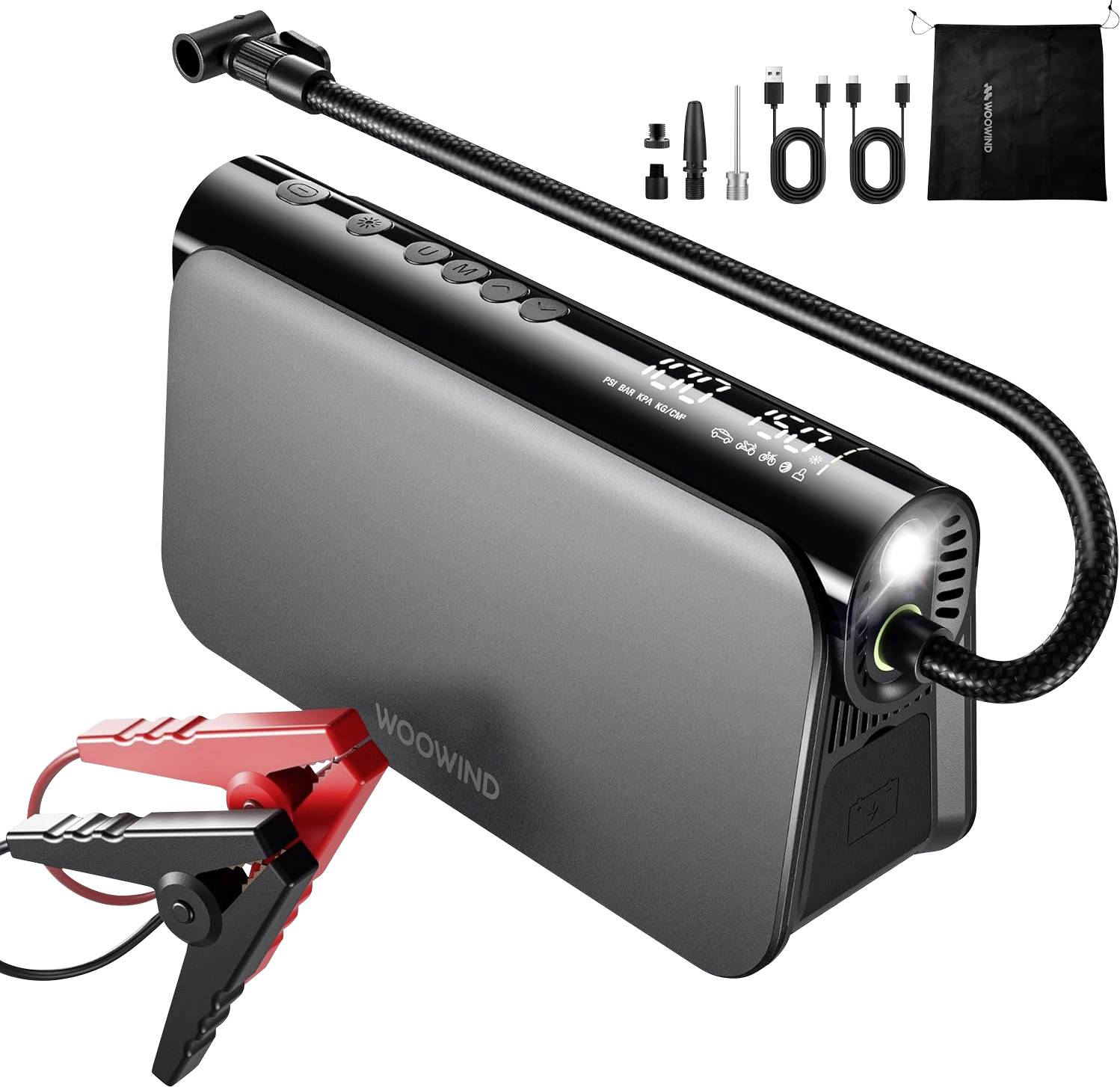 Tragbarer Luftkompressor mit digitaler Anzeige und Schlauch, zeigt Druck in PSI an. Includes Klammer- und Adapter-Befestigungen.