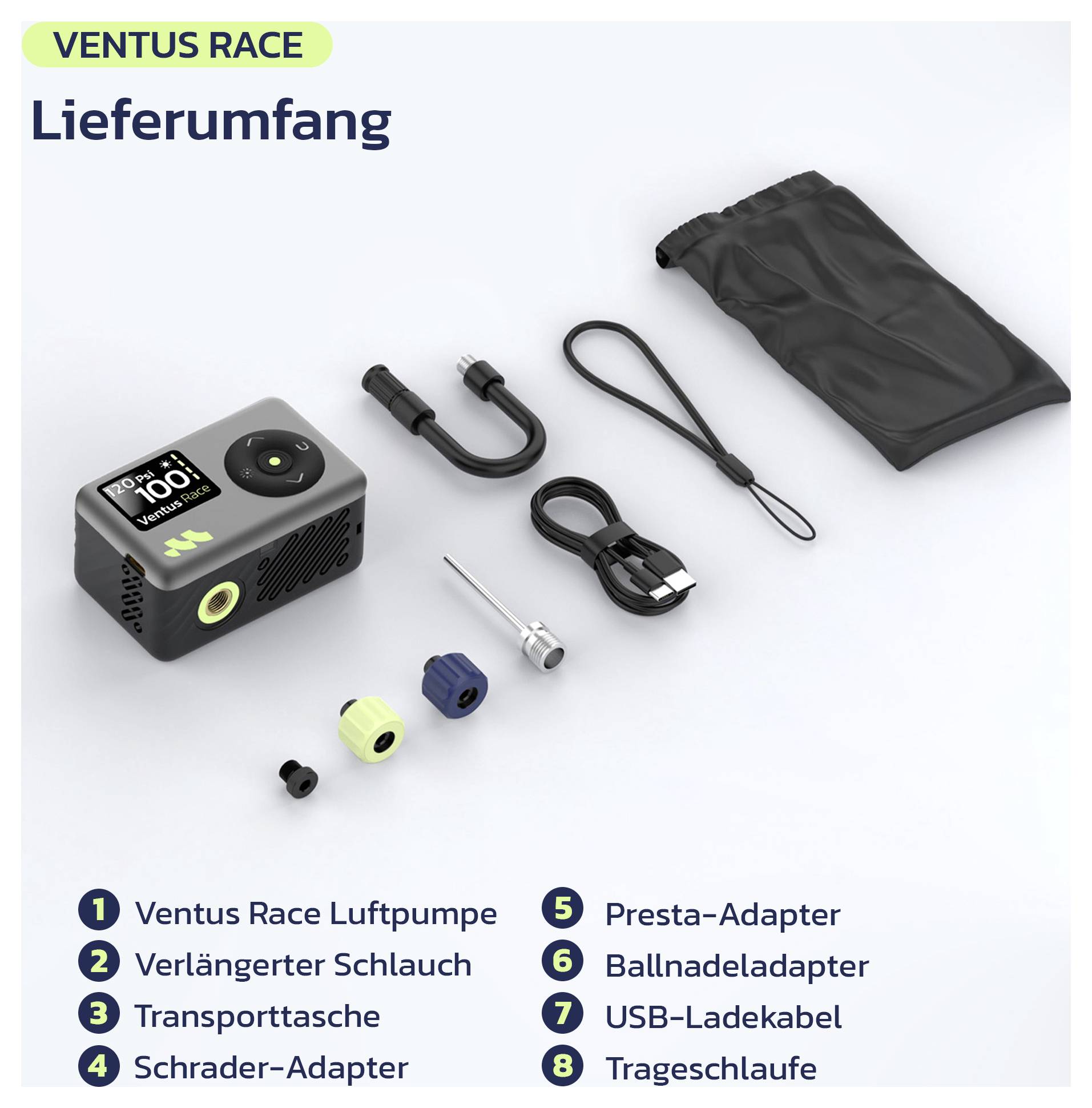 Produktinhalt für Ventus Race: Luftpumpe, verlängerter Schlauch, Transporttasche, Schrader-Adapter, Presta-Adapter, Ballnadel-Adapter, USB-Ladekabel und Riemen.