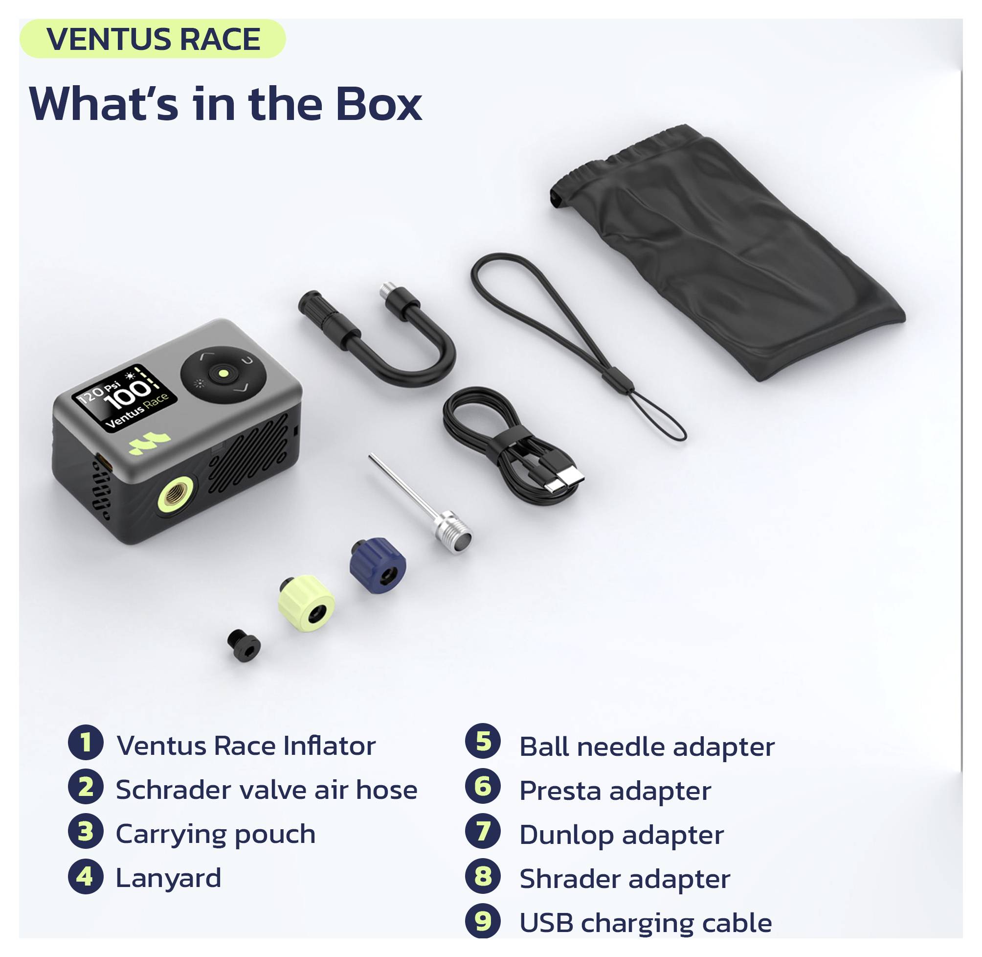 Ventus Race Inflator-Kit-Inhalt mit Inflator, Schrader-Ventil-Luftschlauch, Transporttasche, Umhängeband, Ballnadel-Adapter, Presta-Adapter, Dunlop-Adapter, Schrader-Adapter und USB-Ladekabel.