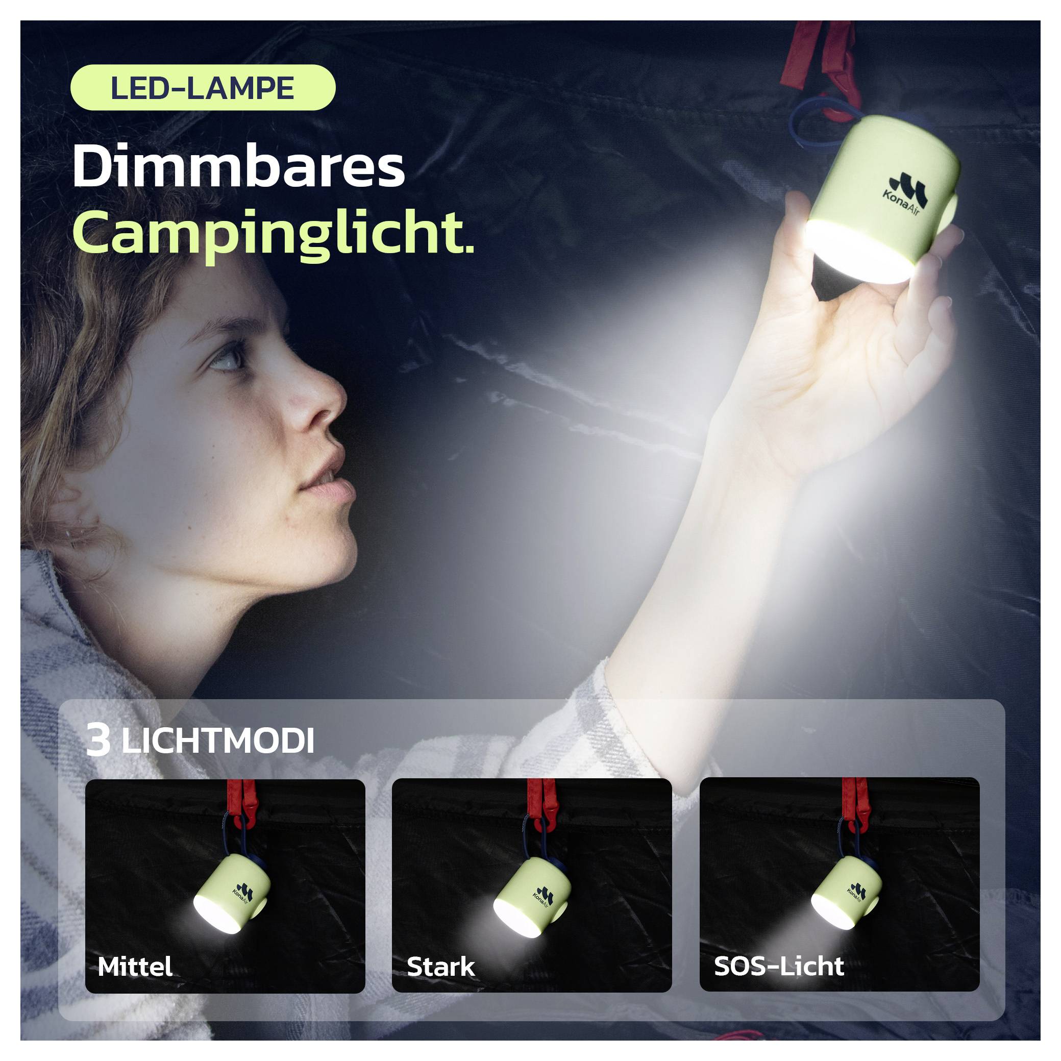 Person hält eine dimmbare Campinglampe und zeigt 3 Leuchtmodi: Mittel, Stark und SOS-Licht.