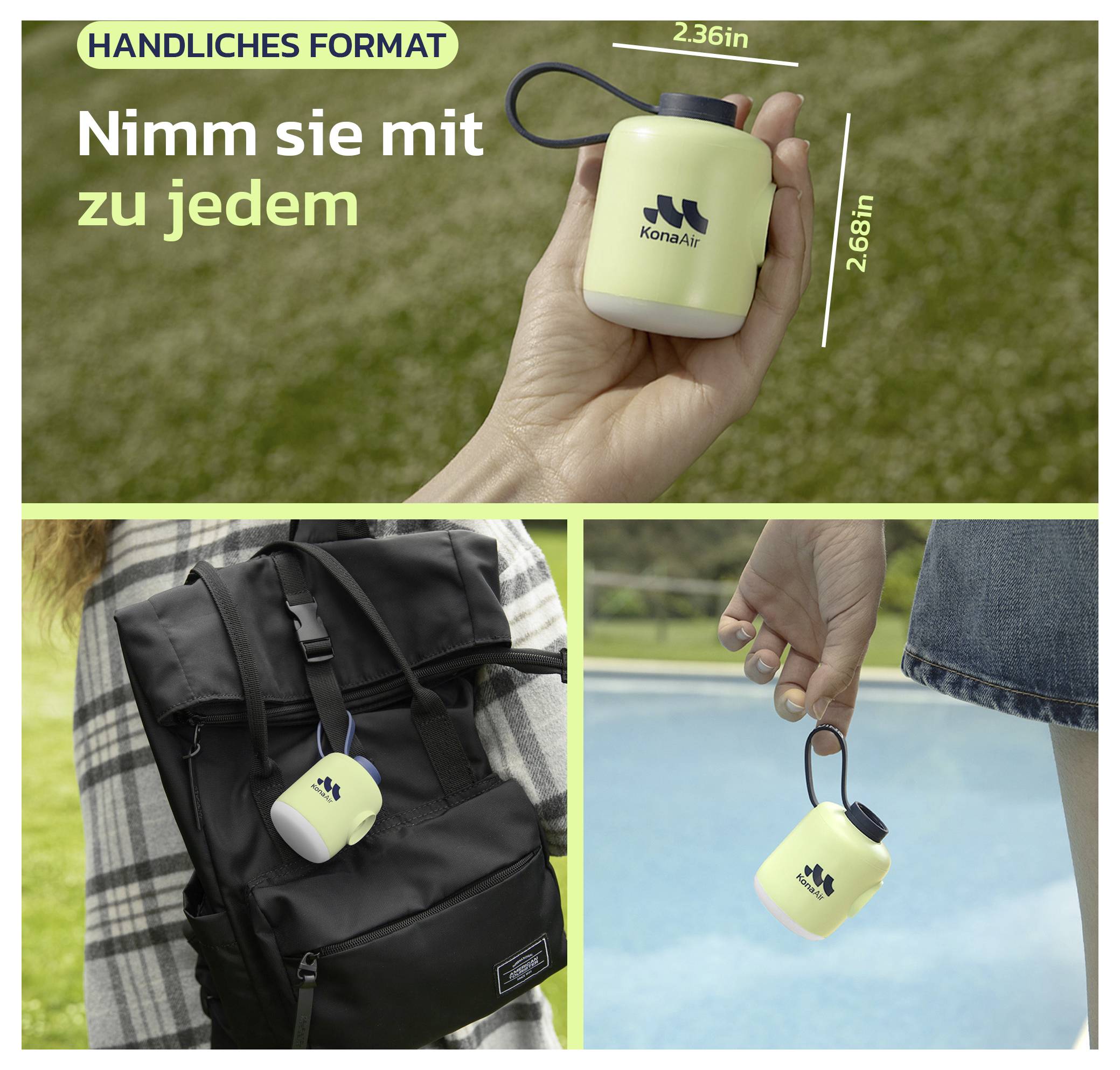 Dreifach-Anzeige zeigt eine kleine KonaAir-Flasche mit Riemen, beschriftet mit 'HANDLICHES FORMAT' und 'Nimm sie mit zu jedem', wobei ihre kompakte Größe und Tragbarkeit hervorgehoben wird.