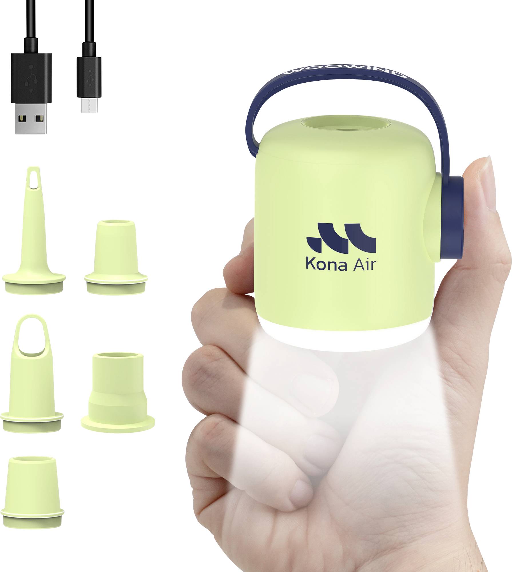 Hand, die eine tragbare Luftpumpenlampe hält. Enthalten ist ein USB-Kabel und fünf Düsenaufsätze, gekennzeichnet mit „Kona Air