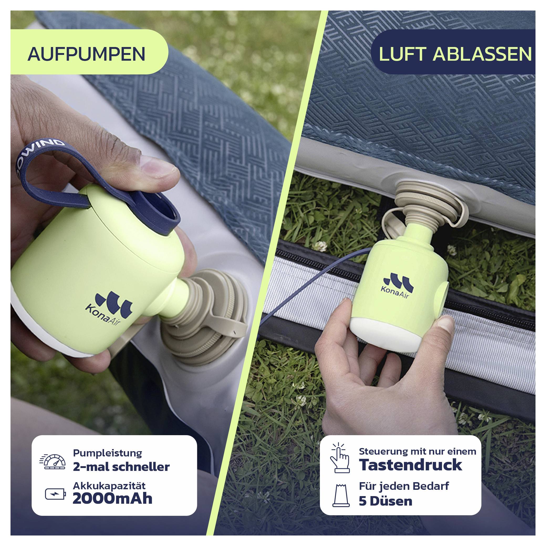 Geteiltes Bild zeigt eine tragbare Elektropumpe, die verwendet wird, um eine Luftmatratze aufzupumpen und dann zu entlüften; Beschriftungen lesen „AUFPUMPEN