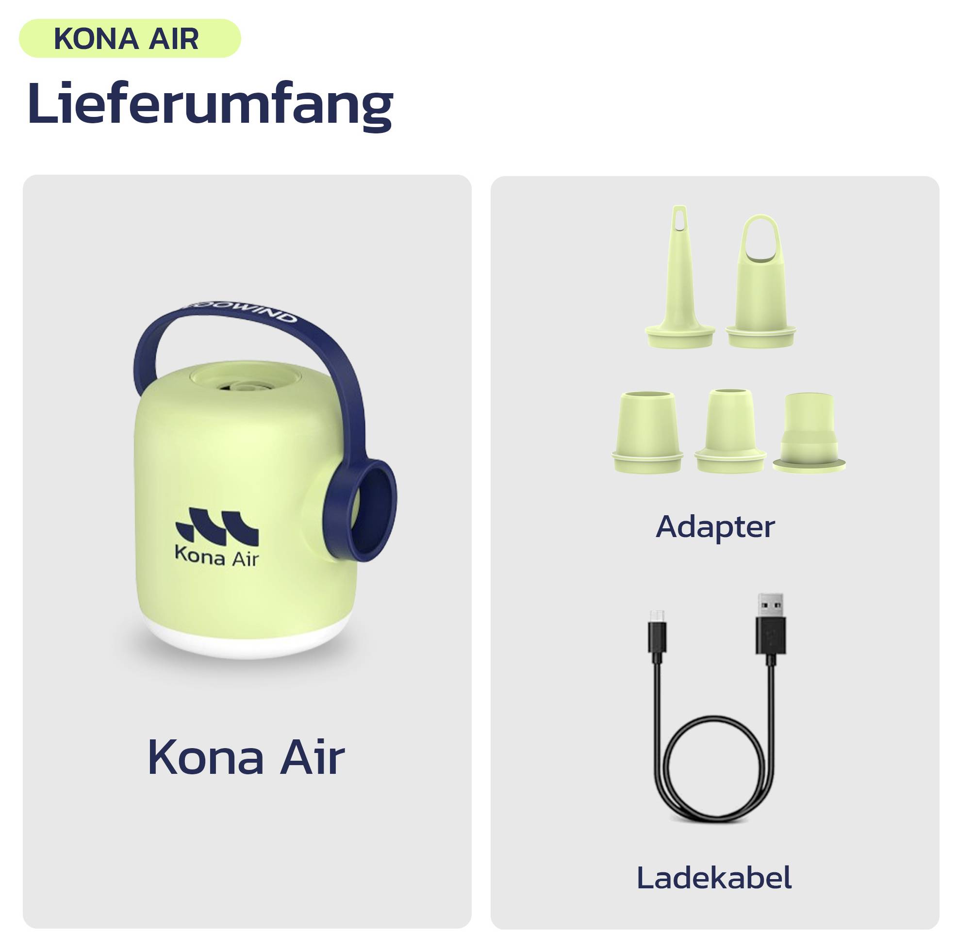 Kona Air Paketinhalt: das Kona Air-Gerät und Zubehör, einschließlich Adapter und ein Ladekabel.