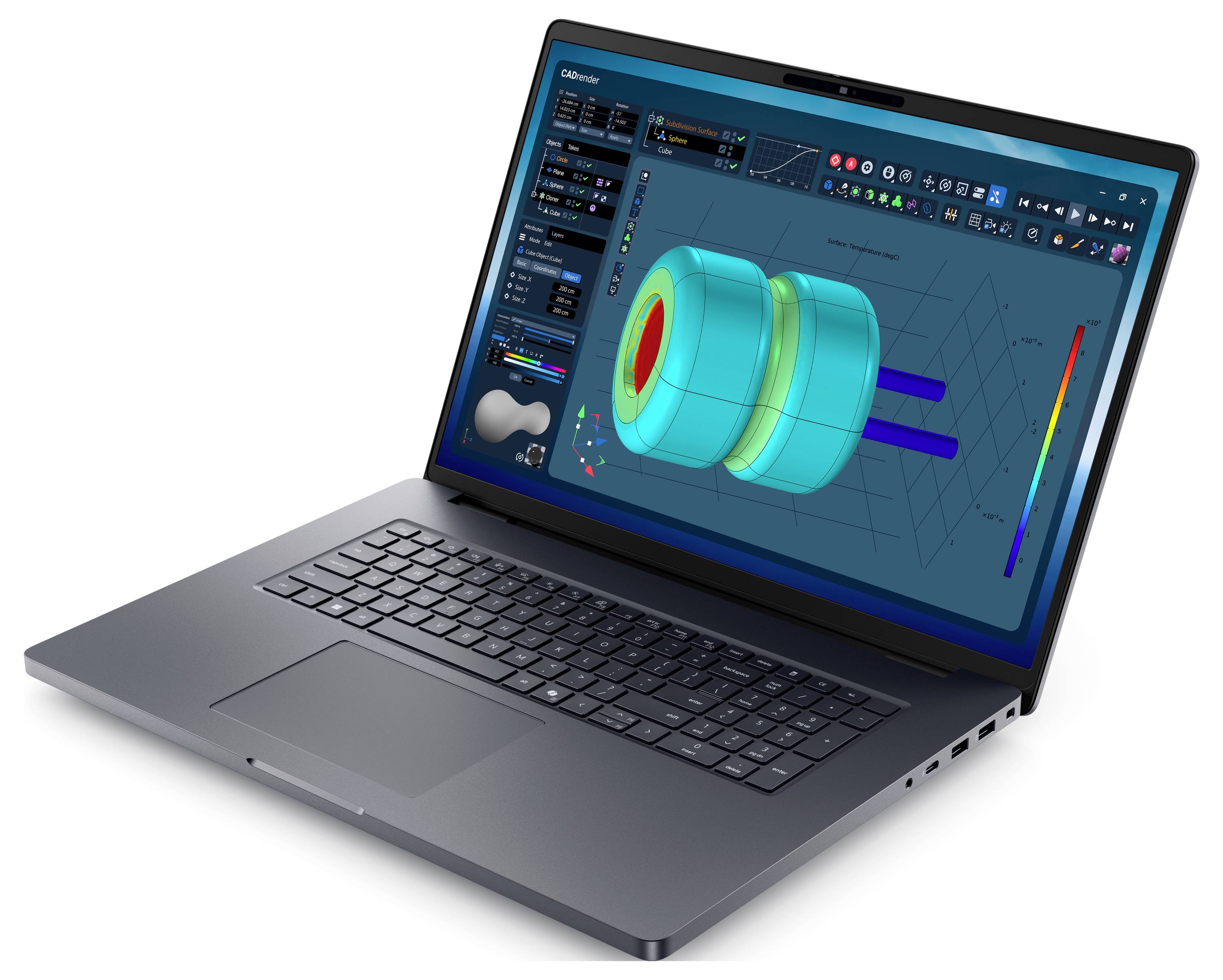 Ein Laptop, auf dem CAD-Software mit einem 3D-Modell eines zylindrischen Objekts angezeigt wird, sowie Schnittstellenelemente wie Symbolleisten und Farbskalen sind sichtbar.