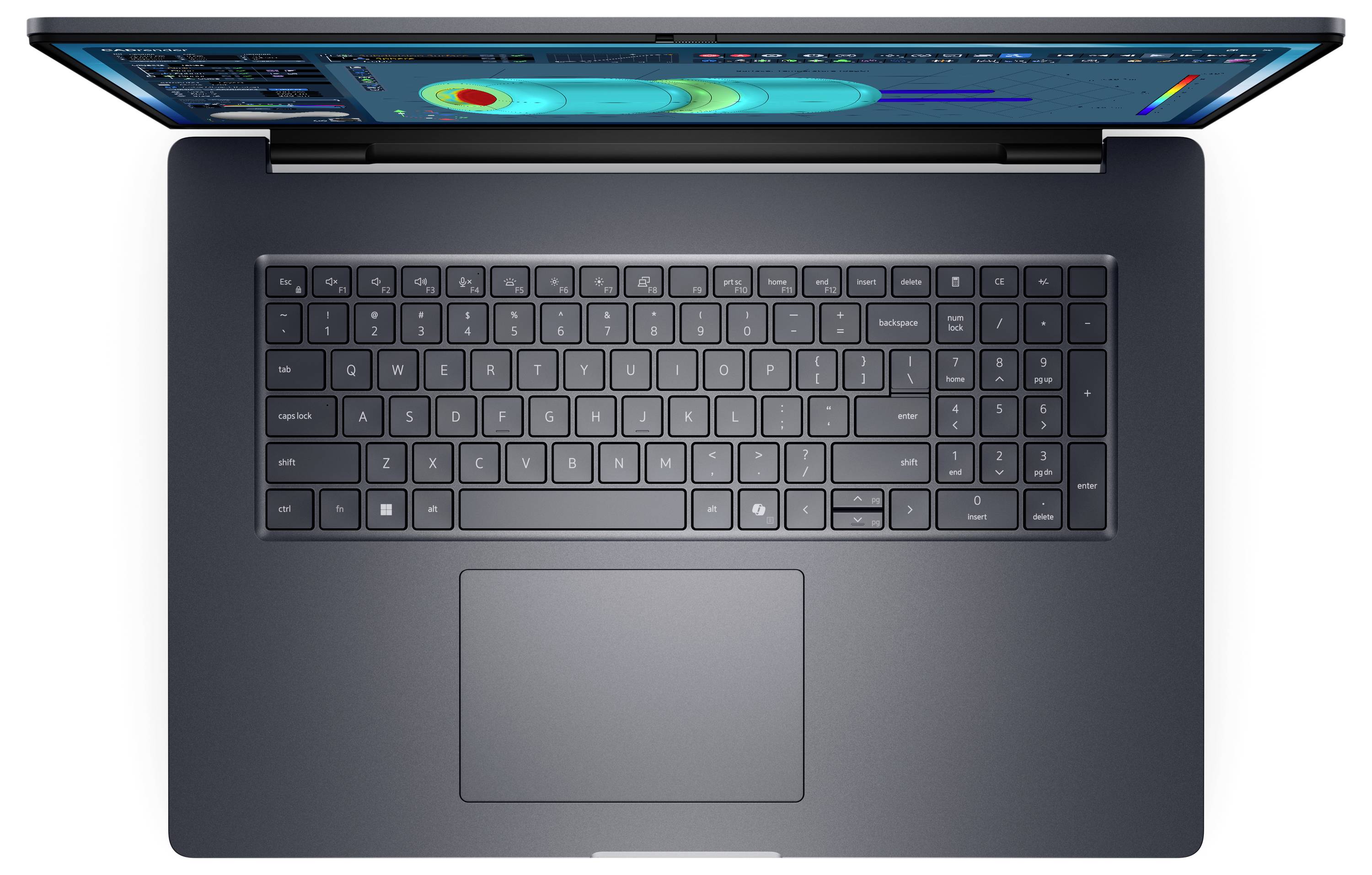 Eine Draufsicht auf einen offenen Laptop mit beleuchteter Tastatur und einem Bildschirm, auf dem bunte Datenvisualisierungen angezeigt werden, was auf die Nutzung zur Analyse hinweist.