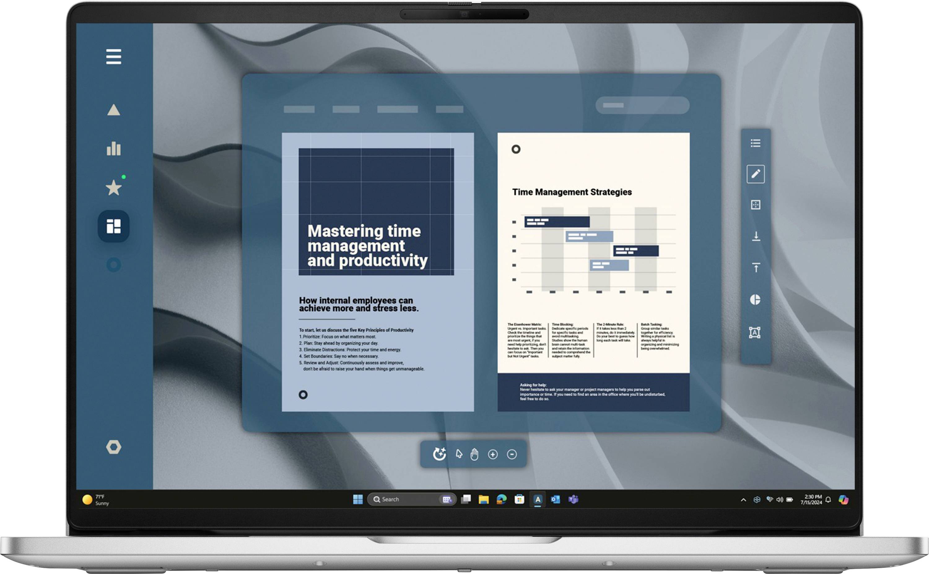 Ein Laptop-Bildschirm zeigt ein Dokument mit dem Titel „Zeitmanagement und Produktivität meistern