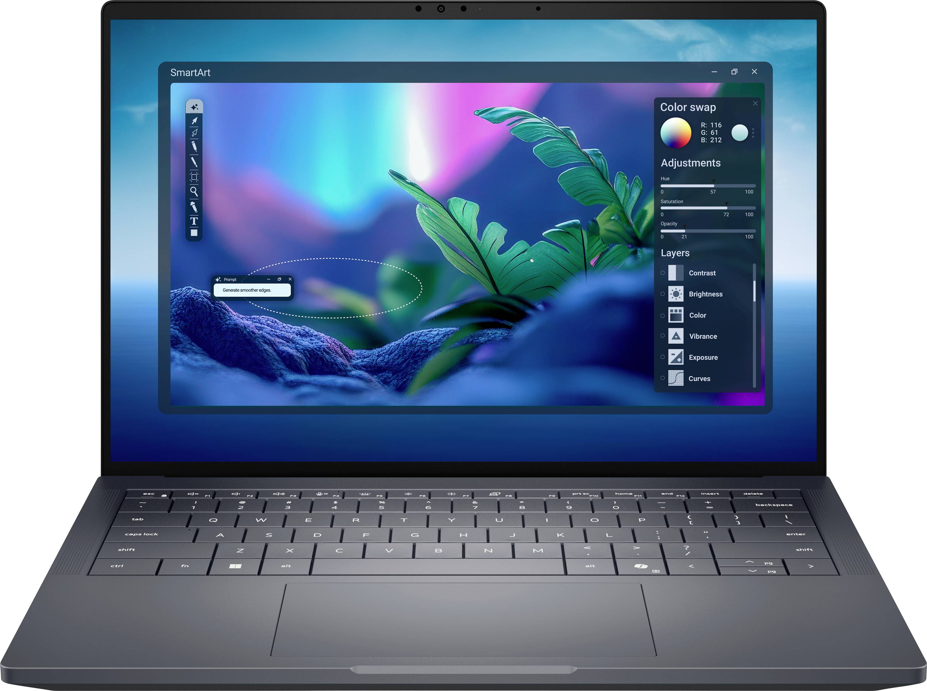 Ein Laptop, auf dessen Bildschirm digitale Kunstsoftware mit einer farbenfrohen Landschaftsszene mit einer Pflanze und Himmel angezeigt wird, zeigt Ebenen und Anpassungswerkzeuge.