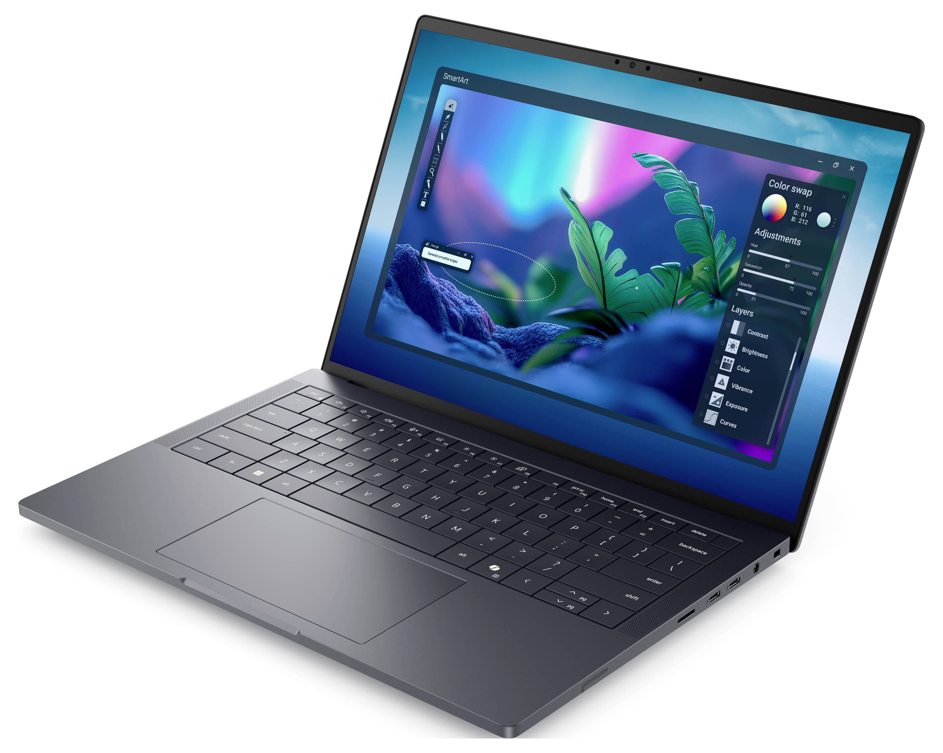 Ein eleganter Laptop zeigt lebendige digitale Kunstwerke mit einem blattförmigen Design auf dem Bildschirm und betont Farbabstimmungen und Ebenen in der Benutzeroberfläche.