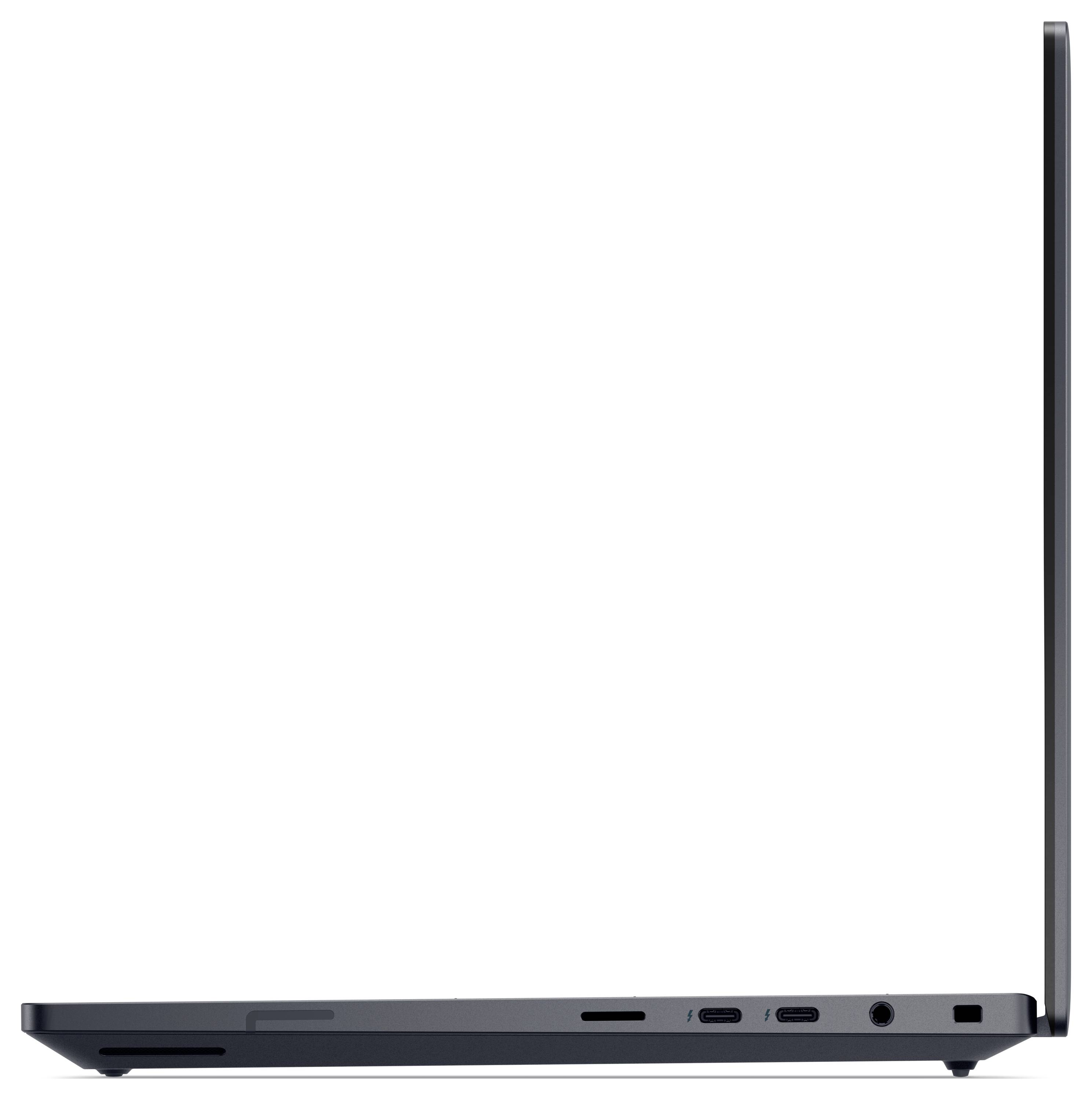 Seitenansicht eines schlanken, offenen Laptops mit mehreren Anschlüssen, einschließlich USB-C und Kopfhöreranschluss, die ein modernes Design widerspiegeln.