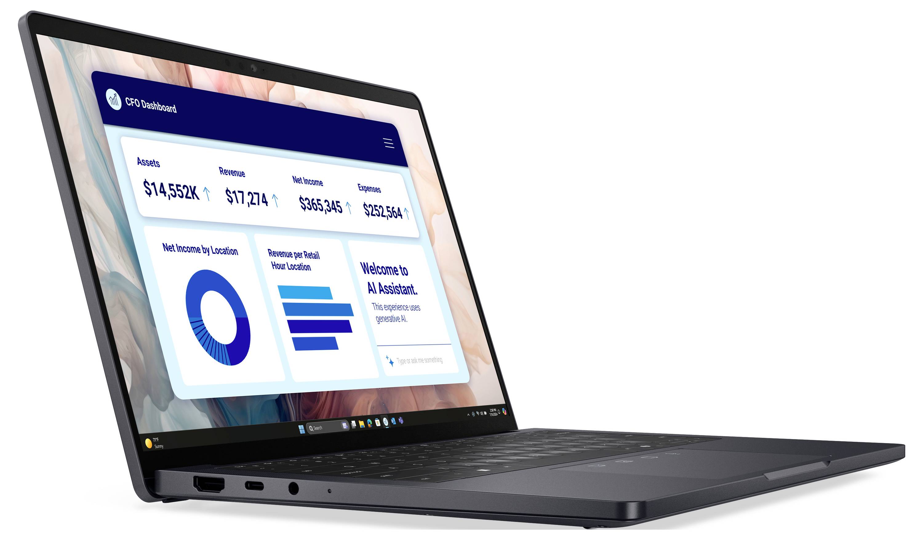 Ein Laptop, auf dem ein Dashboard mit Finanzdaten angezeigt wird: Vermögenswerte, Nettogewinn, Umsatz und Ausgaben. Der Bildschirm erwähnt auch „KI-Assistent