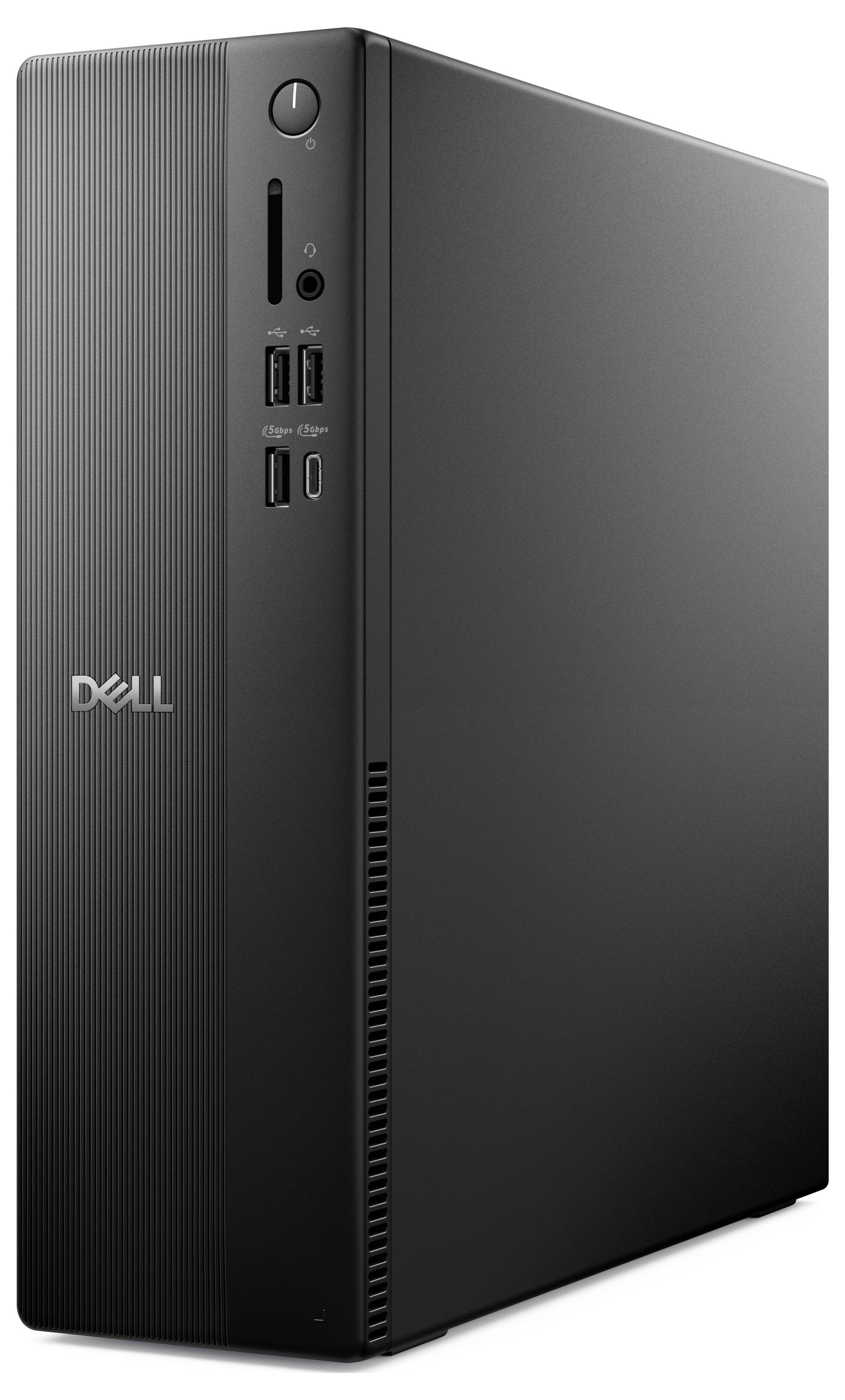 Ein schwarzer Dell-Desktop-Computer-Turm mit mehreren USB-Anschlüssen und einem runden Netzschalter auf der Frontblende.