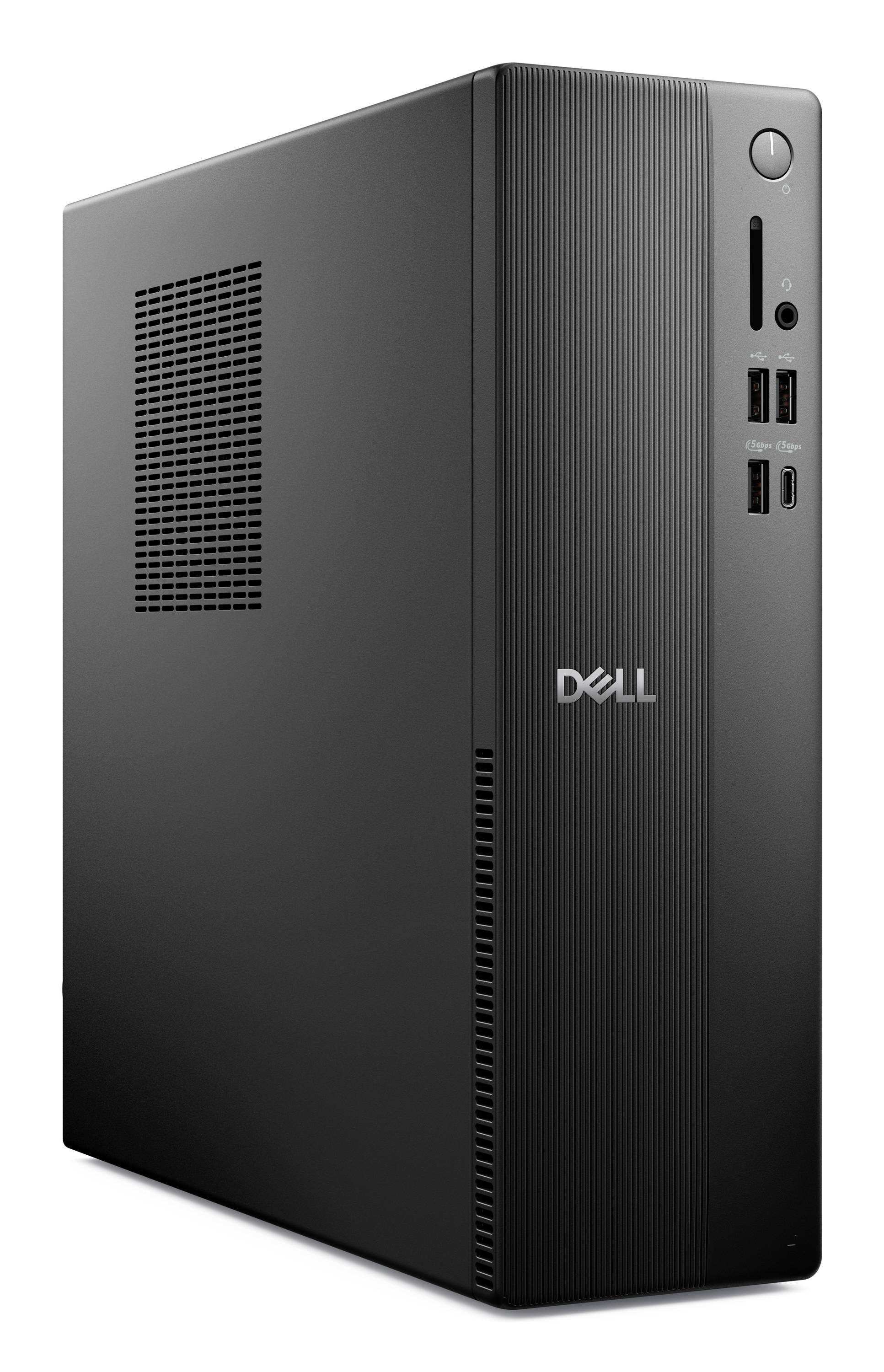 Ein schwarzer Dell-Desktop-Computerturm mit USB-Anschlüssen und optischem Laufwerk an der Vorderseite, mit Dell-Logo.