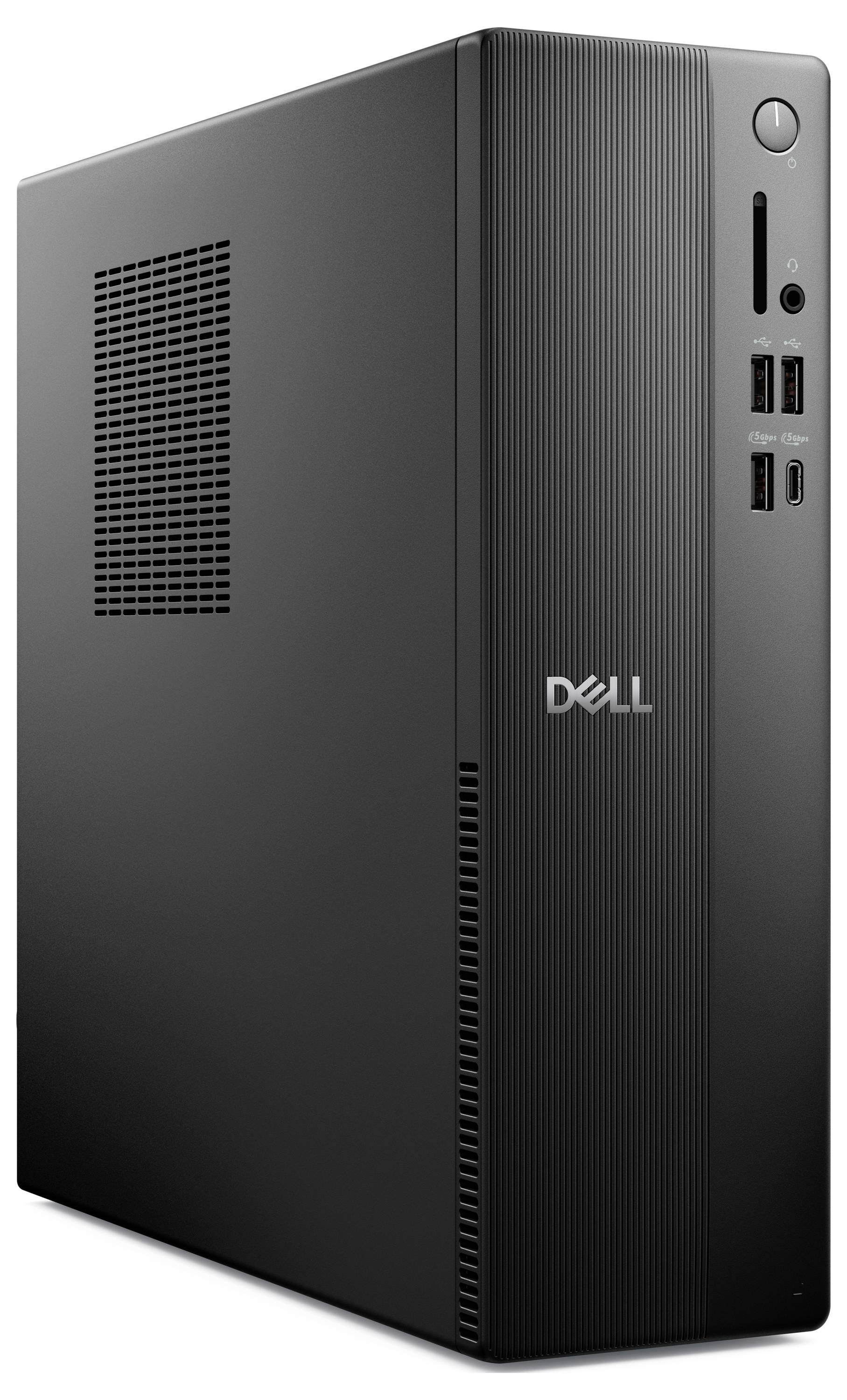 Ein schwarzer Dell-Desktopcomputer mit mehreren USB-Anschlüssen und einem optischen Laufwerk auf der Frontplatte.