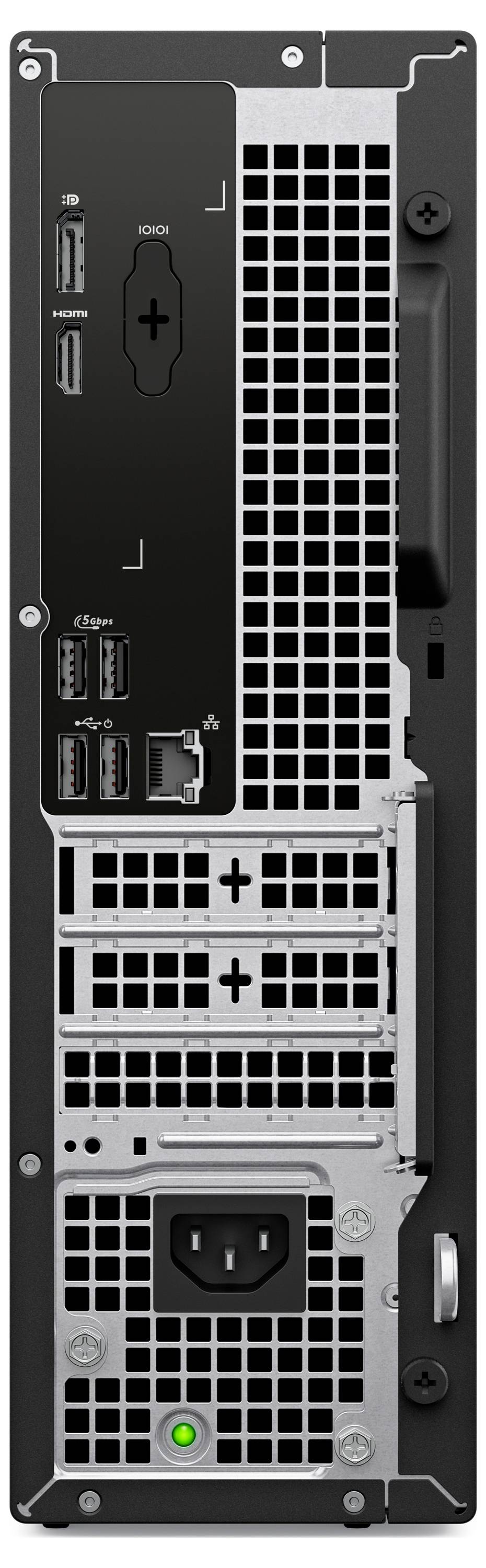 Das Bild zeigt die Rückseite eines Computergehäuses mit mehreren USB-Anschlüssen, einem Ethernet-Anschluss, einem Stromstecker und einem Belüftungsgitter.