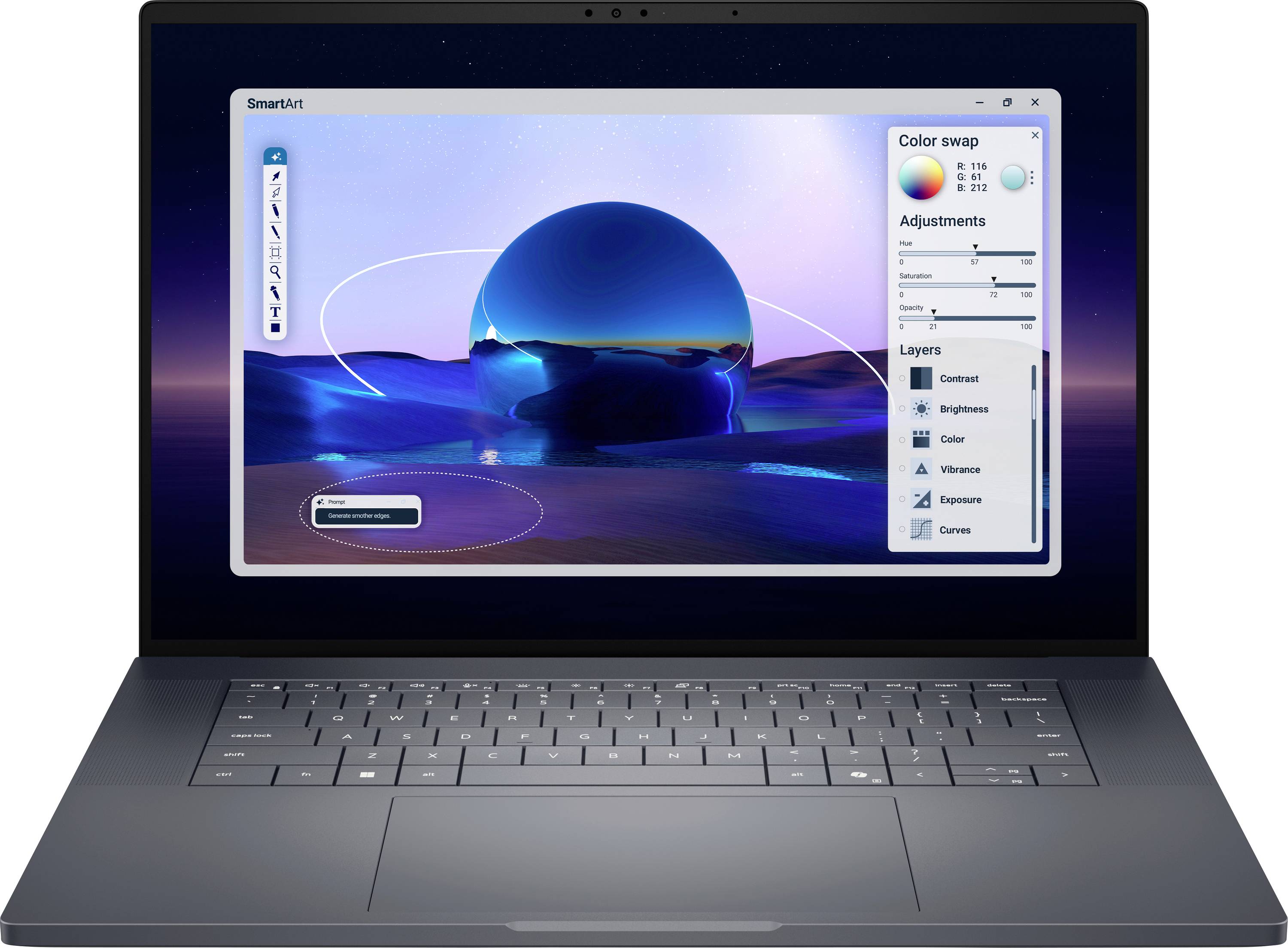 Ein Laptop, der eine digitale Kunststoftsoftware mit einer abstrakten Meeresszene anzeigt. Die Benutzeroberfläche zeigt Werkzeuge zum Farbwechsel, Anpassungen und Ebenen.