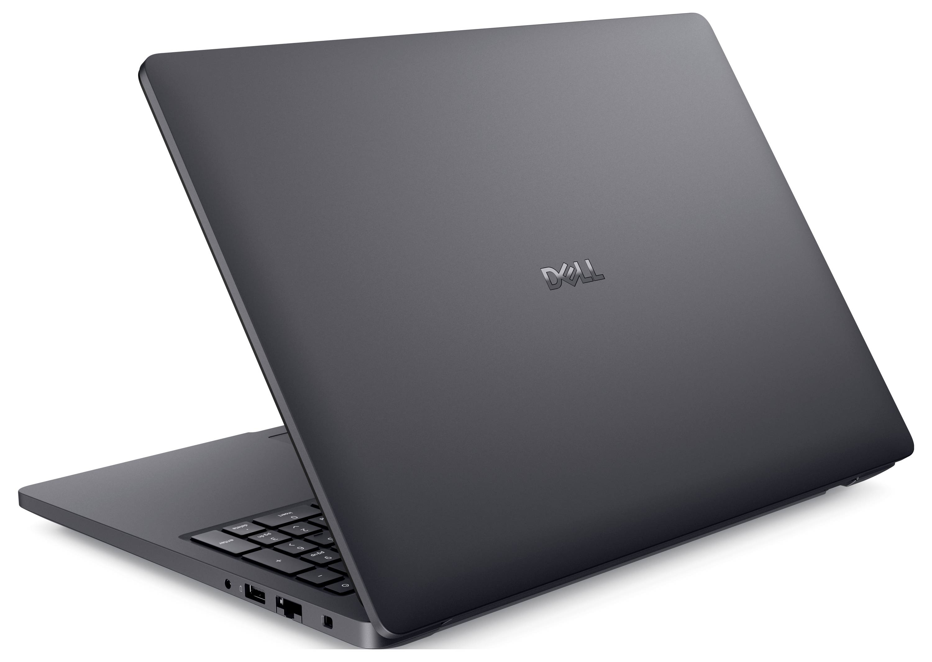 Ein schwarzer Laptop mit teilweise geöffnetem Deckel, mit elegantem Design und Markenlogo auf der Rückseite.