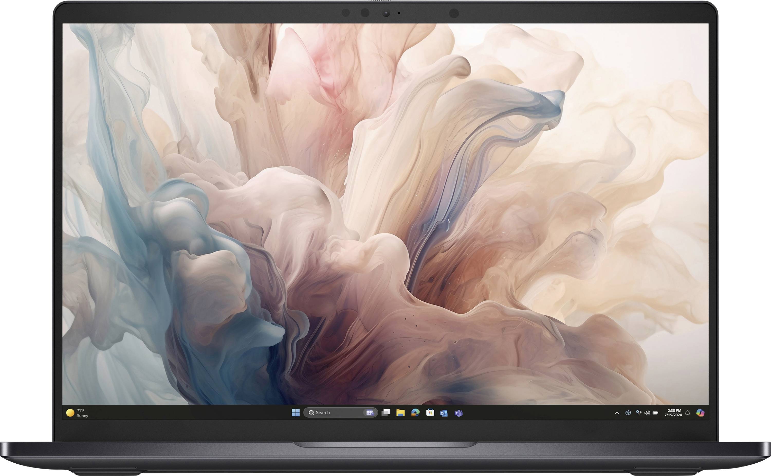 Ein Laptop mit einem farbenfrohen abstrakten Hintergrundbild auf dem Bildschirm, das wirbelnde Wolken in Pastelltönen zeigt.