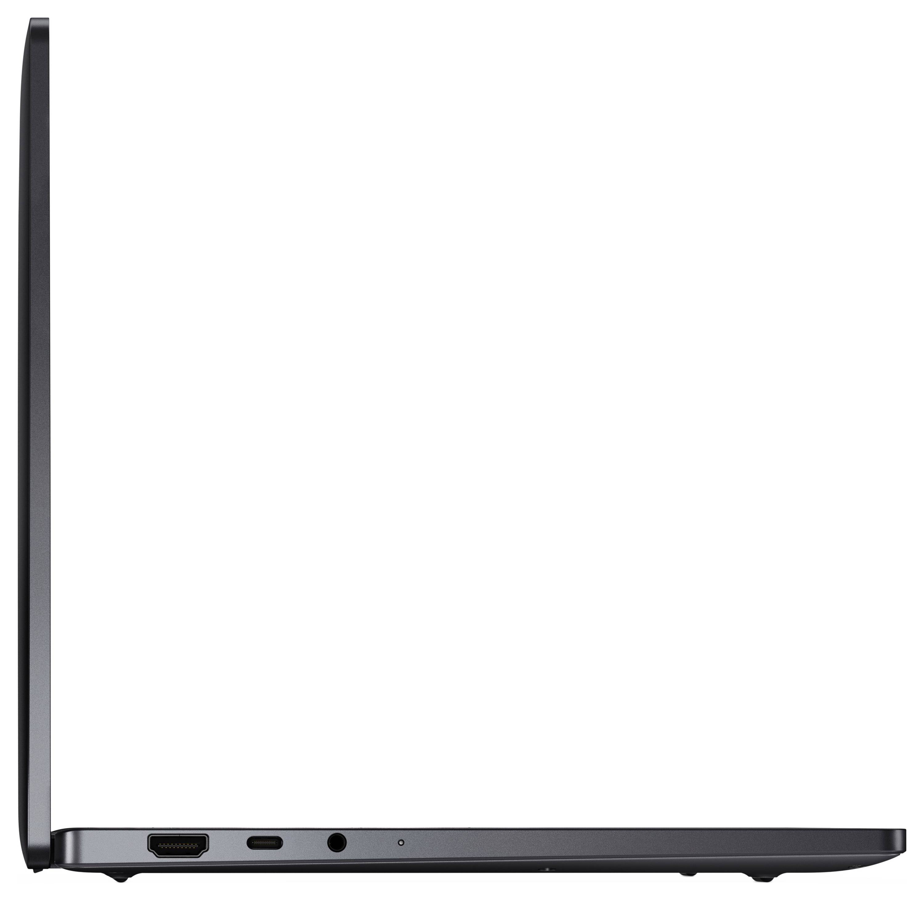 Seitenansicht eines dünnen, offenen Laptops mit Anschlüssen und Scharnieren auf einer ebenen Fläche.