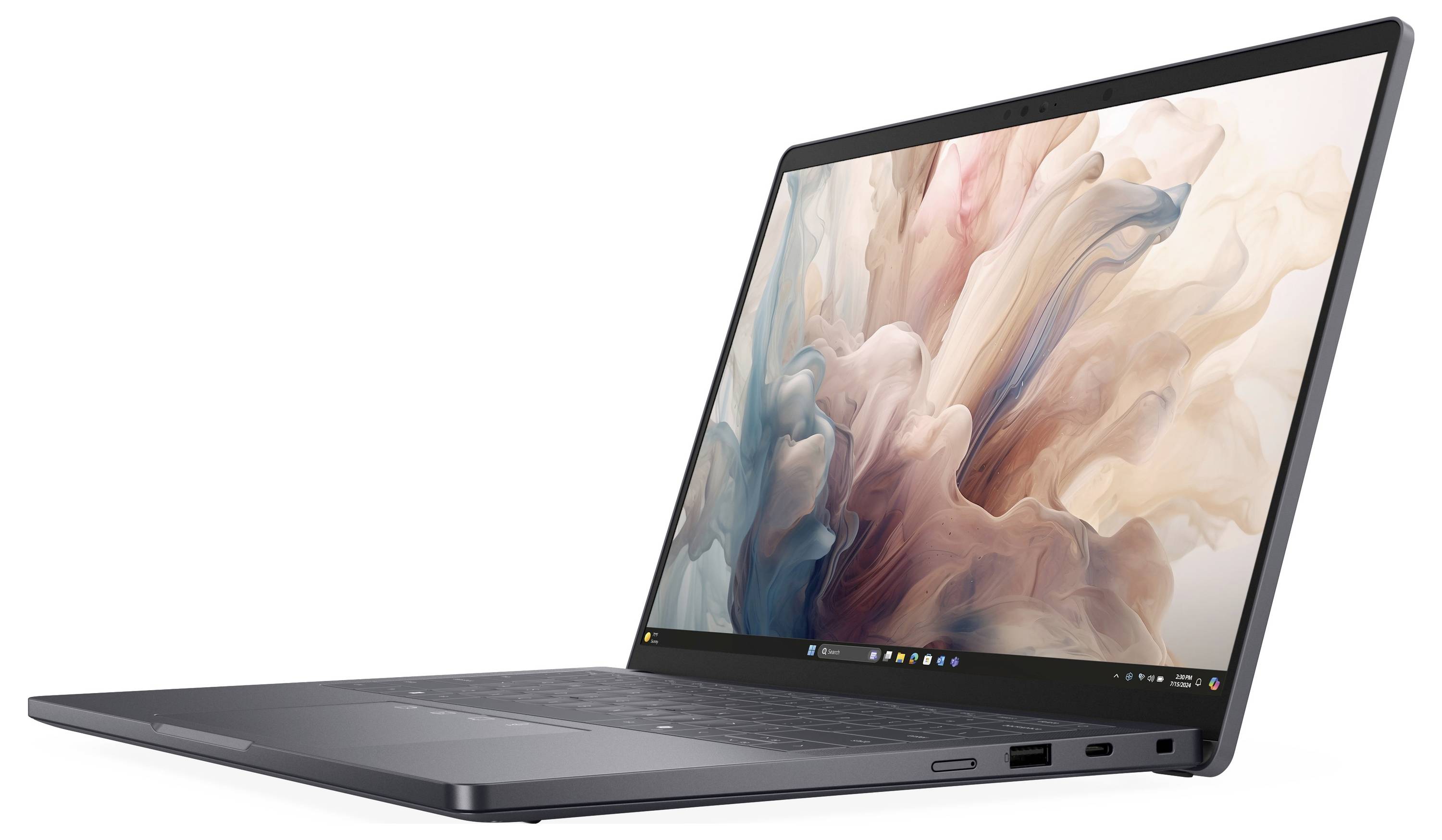 Ein schlanker, moderner Laptop mit farbenfrohem abstraktem Bildschirm, von der Seite betrachtet.