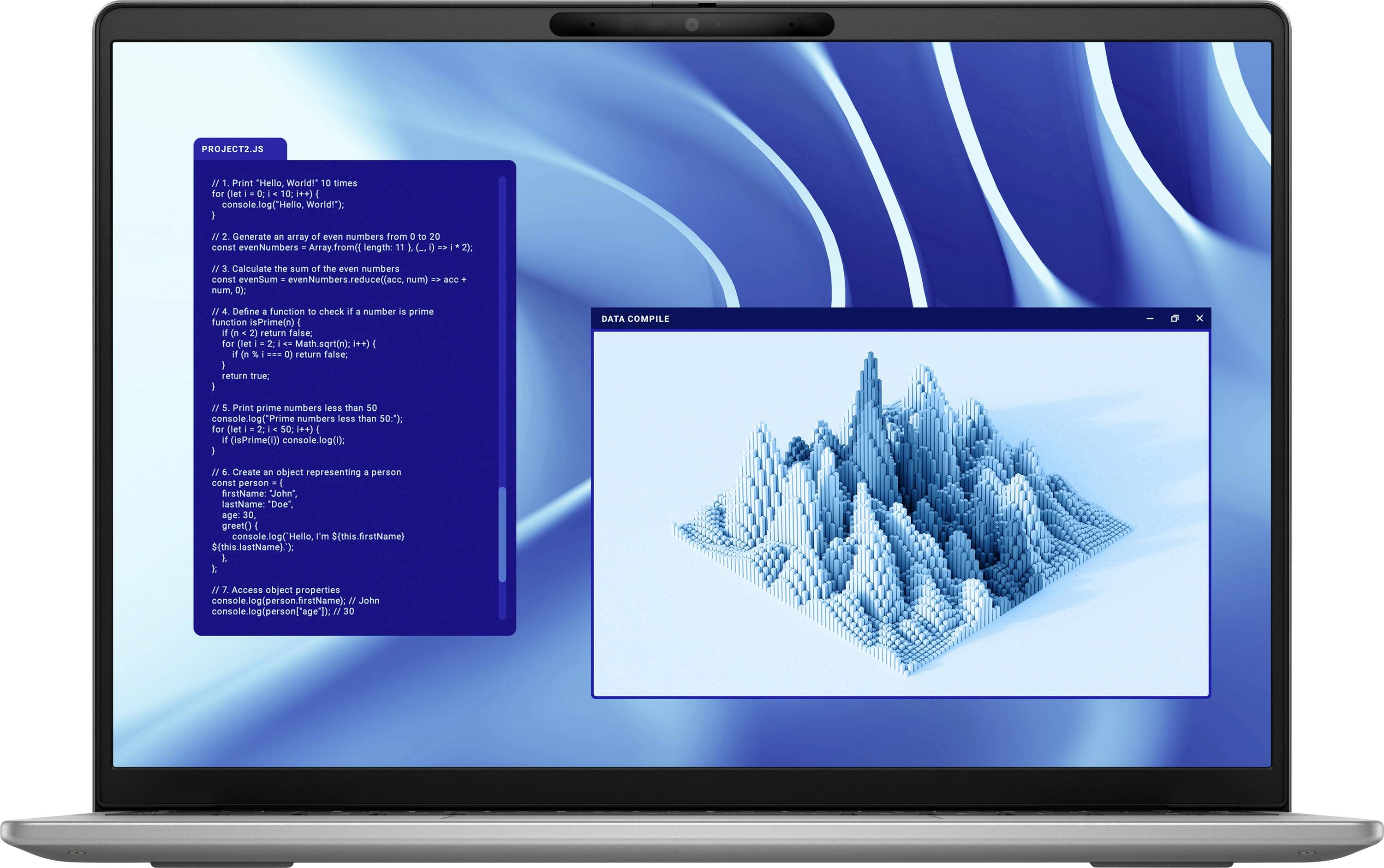 Ein Laptop-Bildschirm zeigt ein 3D-Datendiagramm mit Spitzen, beschriftet mit „Data Compute