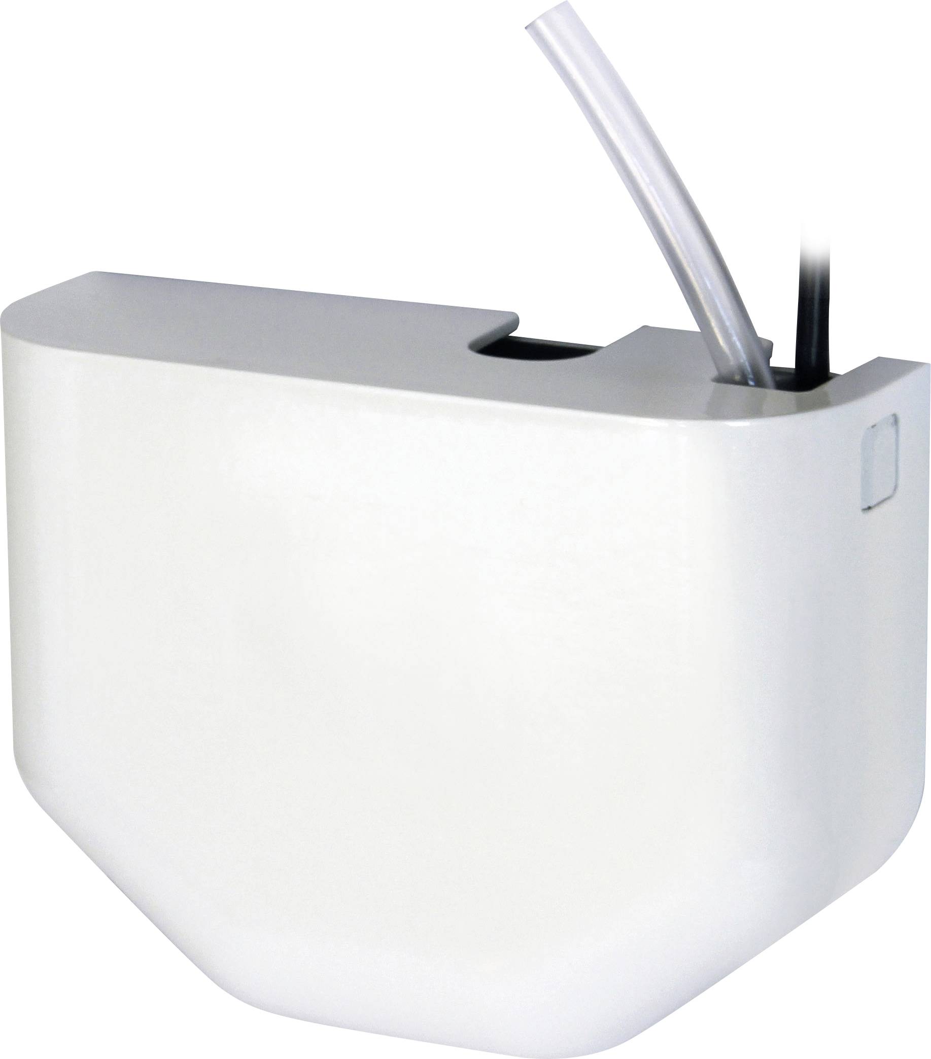 Ein weißes rechteckiges Gerät mit gekrümmtem Boden und einer kleinen Öffnung oben, mit zwei transparenten Rohren, die hervorragen.