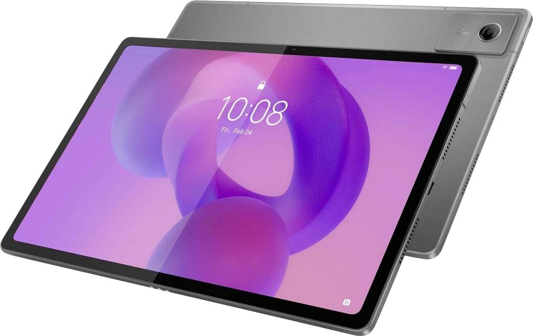Ein Tablet mit schlankem Design zeigt einen farbenfrohen purpur-rosa Farbverlauf auf dem Bildschirm mit der Uhrzeit '10:08' und dem Datum 'Fr, 17. Feb'.