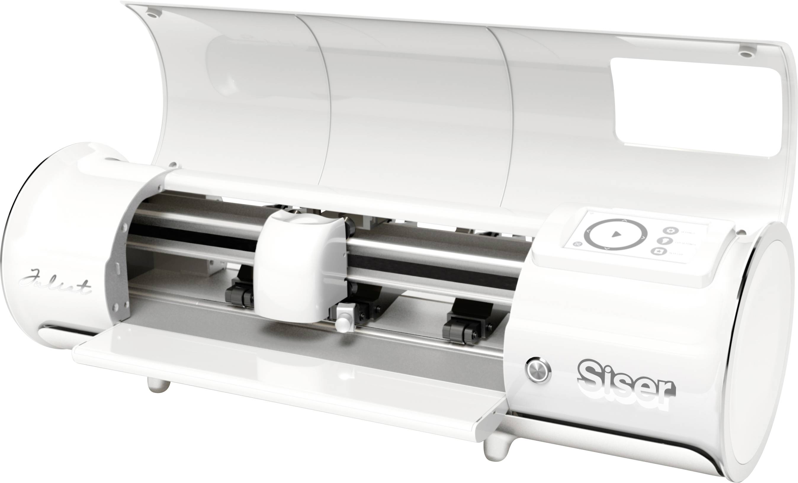 Ein weißes elektronisches Schneidegerät mit offener Abdeckung, das einen Schneidmechanismus mit Klinge und Walze zum Schneiden von Designs auf verschiedenen Materialien zeigt.