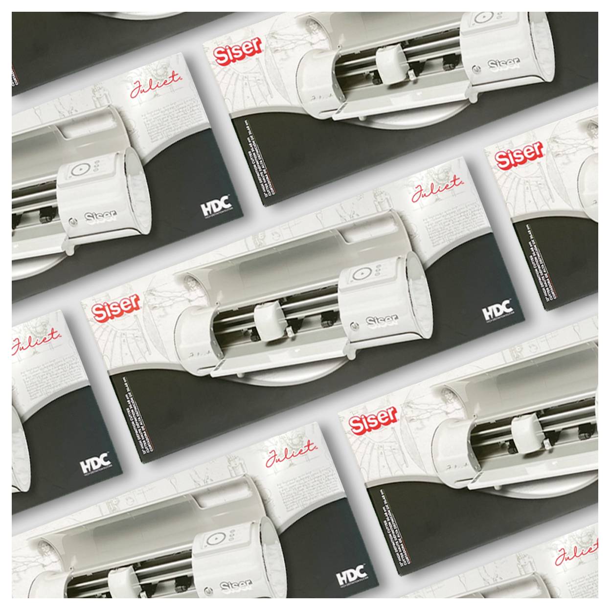 Kartons einer Siser Juliet-Schneidemaschine, die in einem sich wiederholenden Muster angeordnet sind, wobei jeder Karton ein Bild der Maschine und das Siser-Logo zeigt.