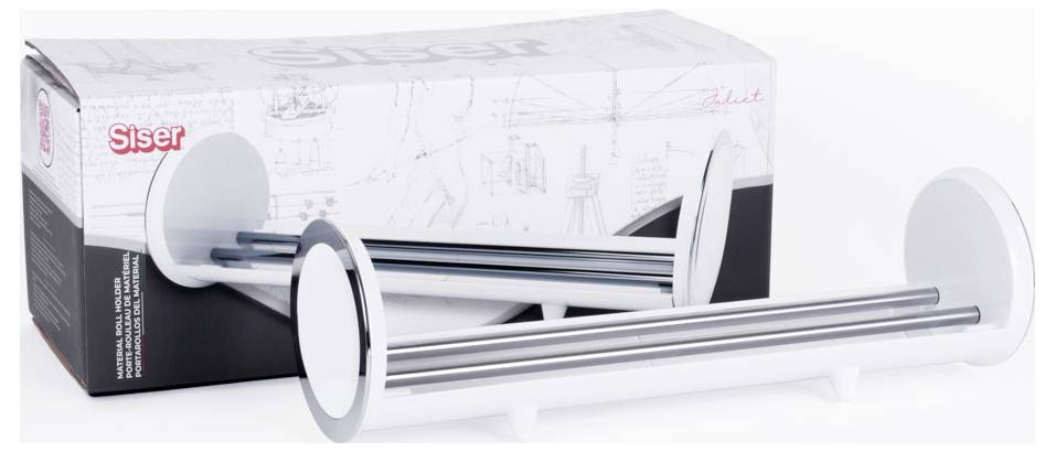 Weiße Handwerk-Vorratsbehälter mit doppeltem Träger neben einer Designer-Box, Marke Siser, konzentriert auf die Organisation von Bastelmaterialien.