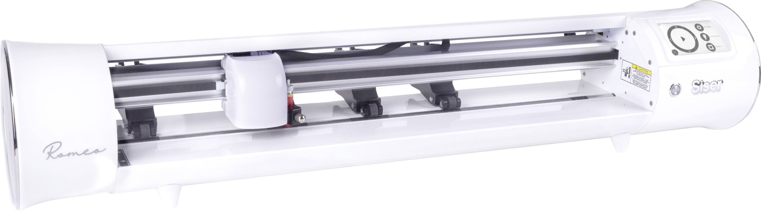 Breitformat-Schneidemaschine mit elegantem weißem Design, Bedienelemente auf der rechten Seite, verwendet für Handwerk- und Designprojekte.