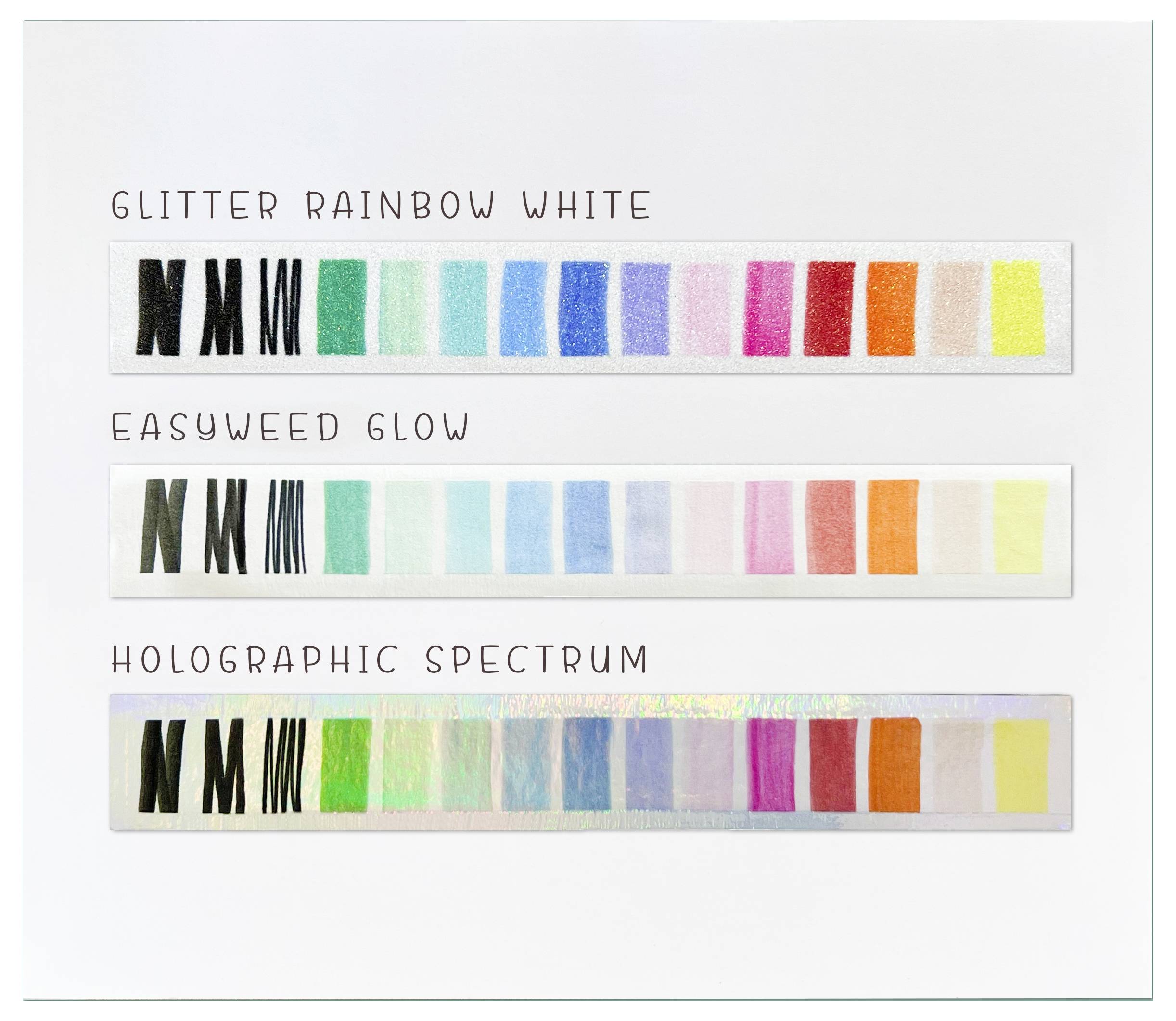 Das Bild zeigt drei Reihen von Farbmustern mit den Bezeichnungen „Glitter Rainbow White