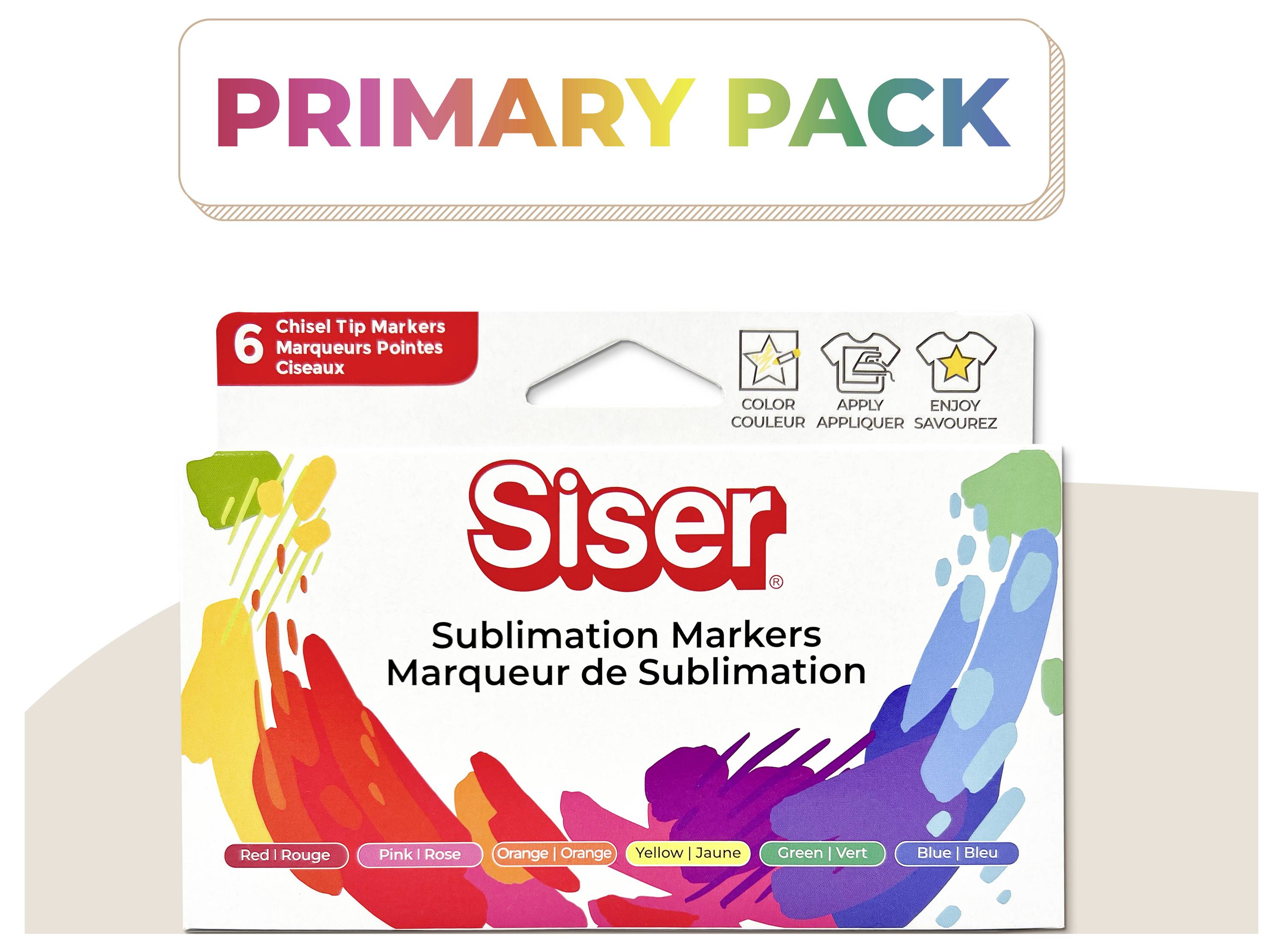 Siser Sublimations-Marker Primärset umfasst 6 Meißelspitzer-Marker in verschiedenen Farben: Rot, Pink, Orange, Gelb, Grün, Blau.