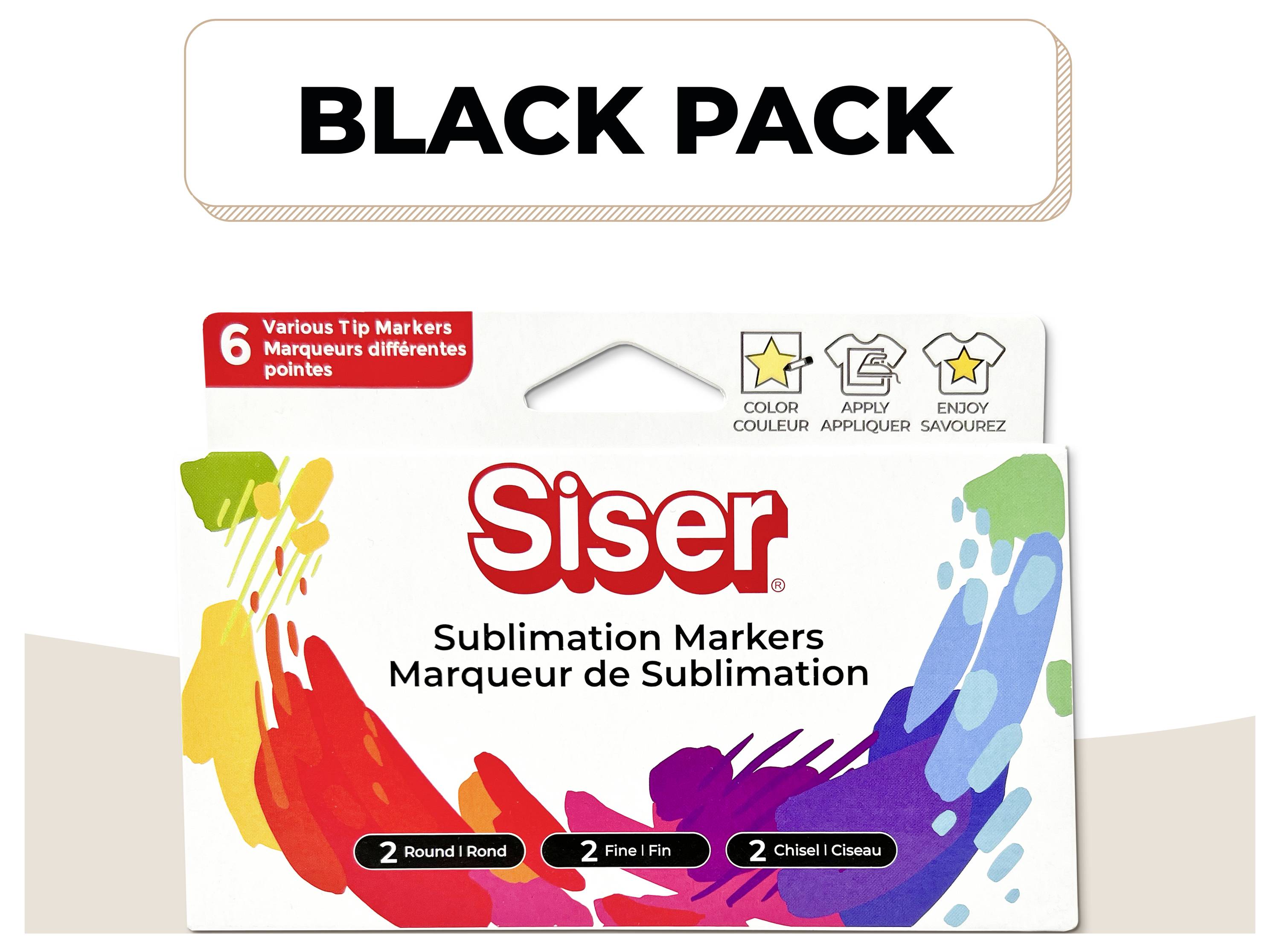 Siser Sublimations-Marker in verschiedenen Farben und Spitzentypen. Einschließlich Rundspitzen, feinen Spitzen und Meißelspitzen. Packung mit der Bezeichnung SCHWARZE PACKUNG.