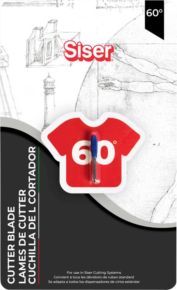 '60° Siser Schneideklinge-Paket' mit einem roten T-Shirt-Design mit Klinge, Text in Englisch, Spanisch und Französisch erwähnt die Kompatibilität der Schneidemaschine.