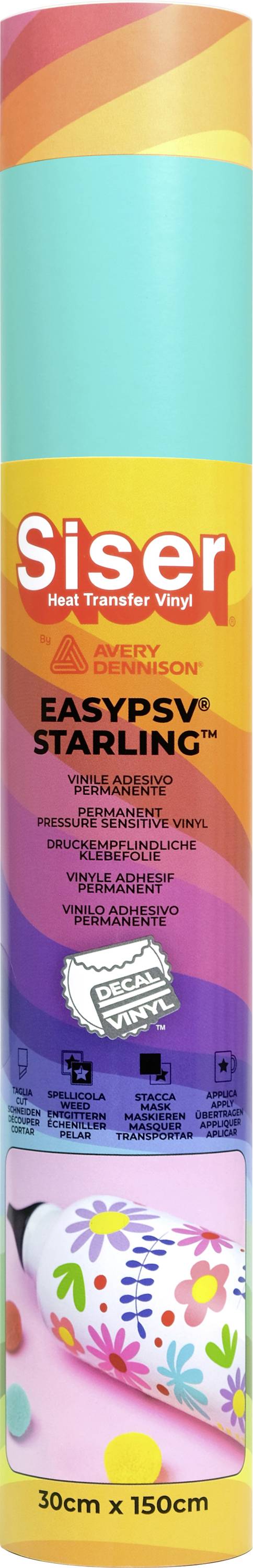 Eine Rolle Siser EasyPSV Starling Hitzetransfervinyls, 30cm x 150cm, mit einem lebendigen, mehrfarbigen Regenbogen-Verpackungsdesign.