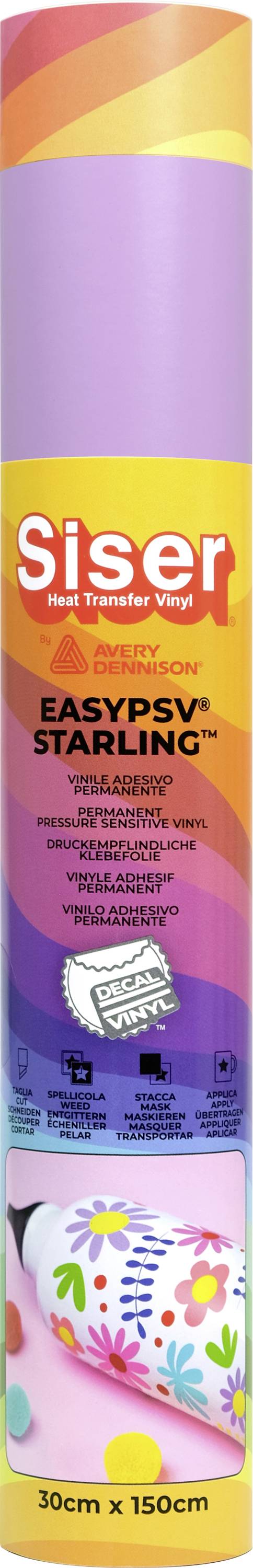 Rolle Siser EasyPSV Starling Haftklebefolie in Regenbogenfarben, Abmessungen 30cm x 150cm. Ideal für lebendige Vinylhandwerksprojekte.