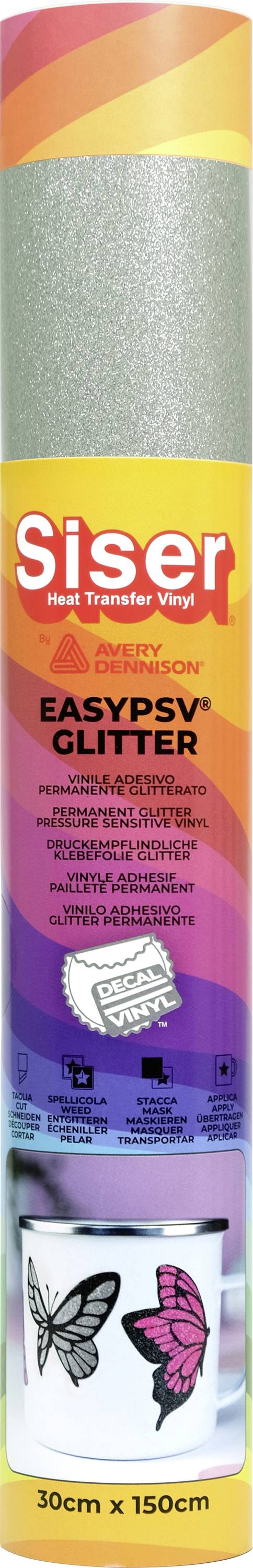 Rolle Siser EasyPSV Glitter in mehrfarbiger Verpackung mit Schmetterlingshandwerksprojekten auf der Unterseite, entwickelt für die Wärmeübertragungsanpassung.