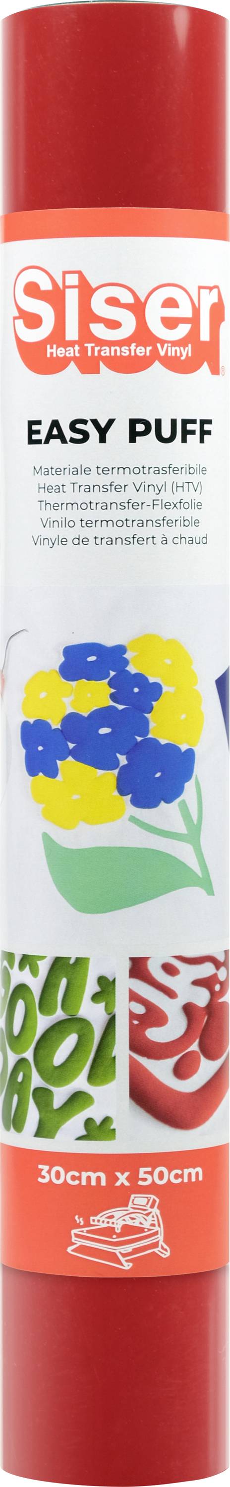 Rote Rolle aus Siser Easy Puff Transferfolie. Das Etikett zeigt ein Blumenmuster und Text mit den Abmessungen: '30cm x 50cm'.