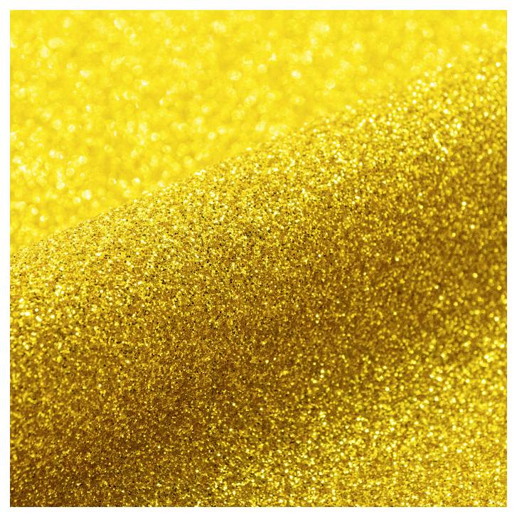 Eine Nahaufnahme von gelbem Glitter, die eine funkelnde Textur mit Lichtreflexionen erzeugt und den gesamten Rahmen ausfüllt.